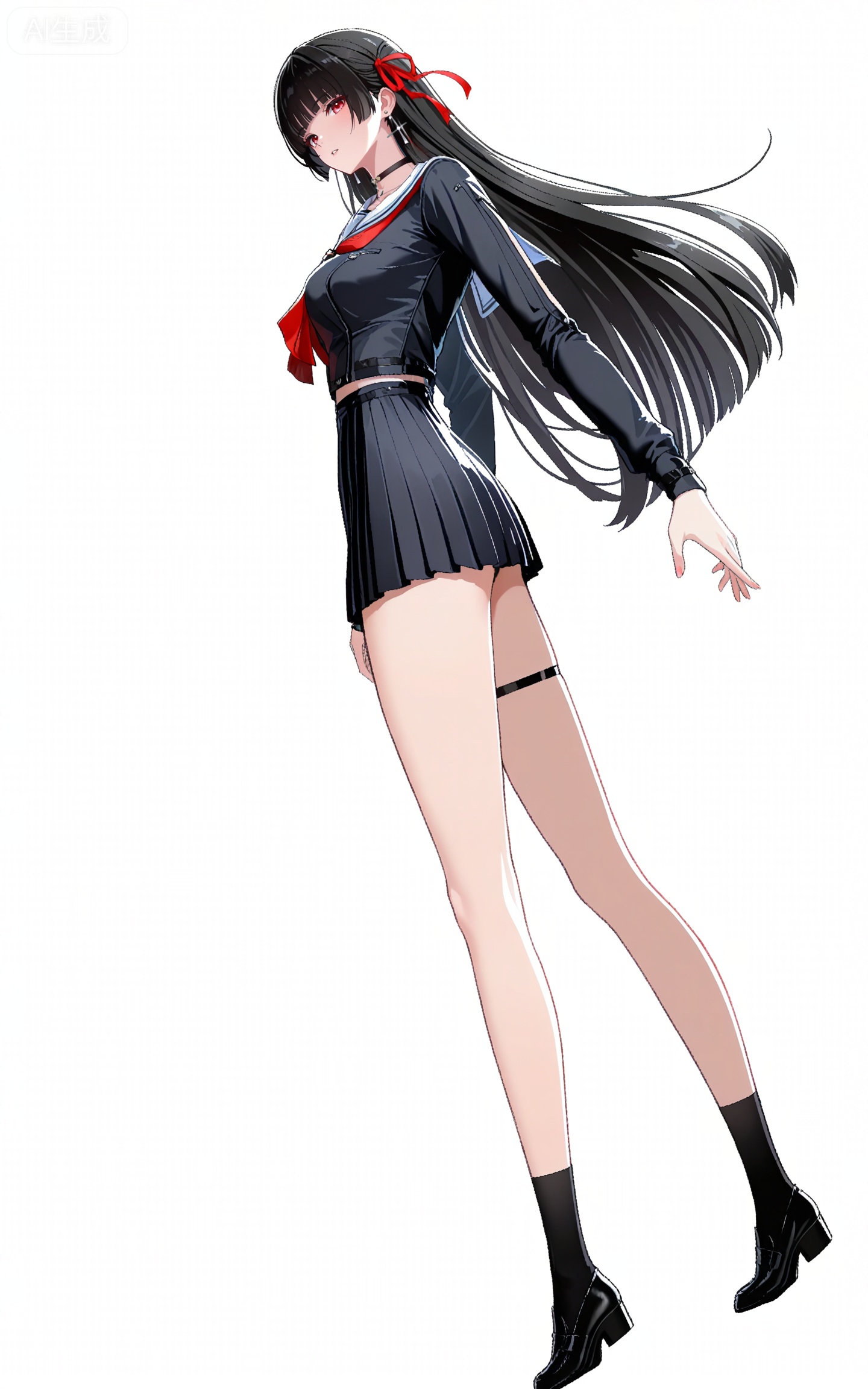 depth of field,masterpiece,best quality,very aesthetic,alternate costume,alternate costume,2024,2023,perfect composition,ultra-detailed,extreme aesthetic,masterpiece,best quality,good quality,newest,year 2024,year 2023,very aesthetic,absurdres,looking_at_viewer,colorful,
qianxiao black jacket, qianxiao black choker, qiaoxiao black serafuku, qianxiao black socks, qianxiao black miniskirt, qianxiao white sailor collar, qianxiao loafers, qianxiao pleated skirt, red neckerchief, red ribbon, white sailor collar, thigh strap, black hair, long hair, red eyes, blunt bangs, hime cut, 1girl, solo, full body, hair ribbon, earrings, looking at viewer, black footwear, jewelry, white background, standing, long sleeves, simple background, neckerchief, parted lips, bare legs, collarbone, breasts