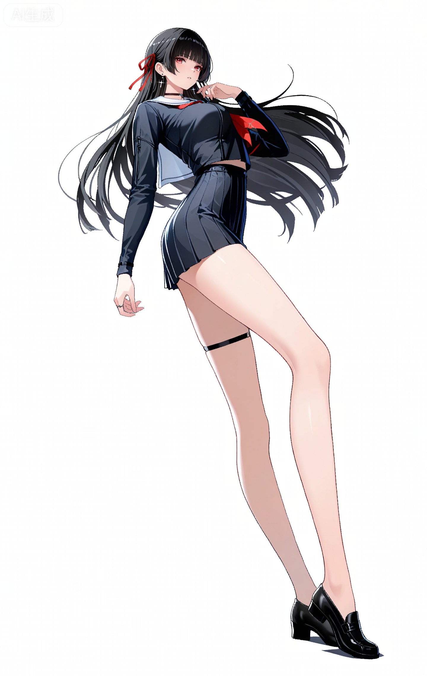 depth of field,masterpiece,best quality,very aesthetic,alternate costume,alternate costume,2024,2023,perfect composition,ultra-detailed,extreme aesthetic,masterpiece,best quality,good quality,newest,year 2024,year 2023,very aesthetic,absurdres,looking_at_viewer,colorful,
qianxiao black jacket, qianxiao black choker, qiaoxiao black serafuku, qianxiao black socks, qianxiao black miniskirt, qianxiao white sailor collar, qianxiao loafers, qianxiao pleated skirt, red neckerchief, red ribbon, white sailor collar, thigh strap, black hair, long hair, red eyes, blunt bangs, hime cut, 1girl, solo, full body, hair ribbon, earrings, looking at viewer, black footwear, jewelry, white background, standing, long sleeves, simple background, neckerchief, parted lips, bare legs, collarbone, breasts