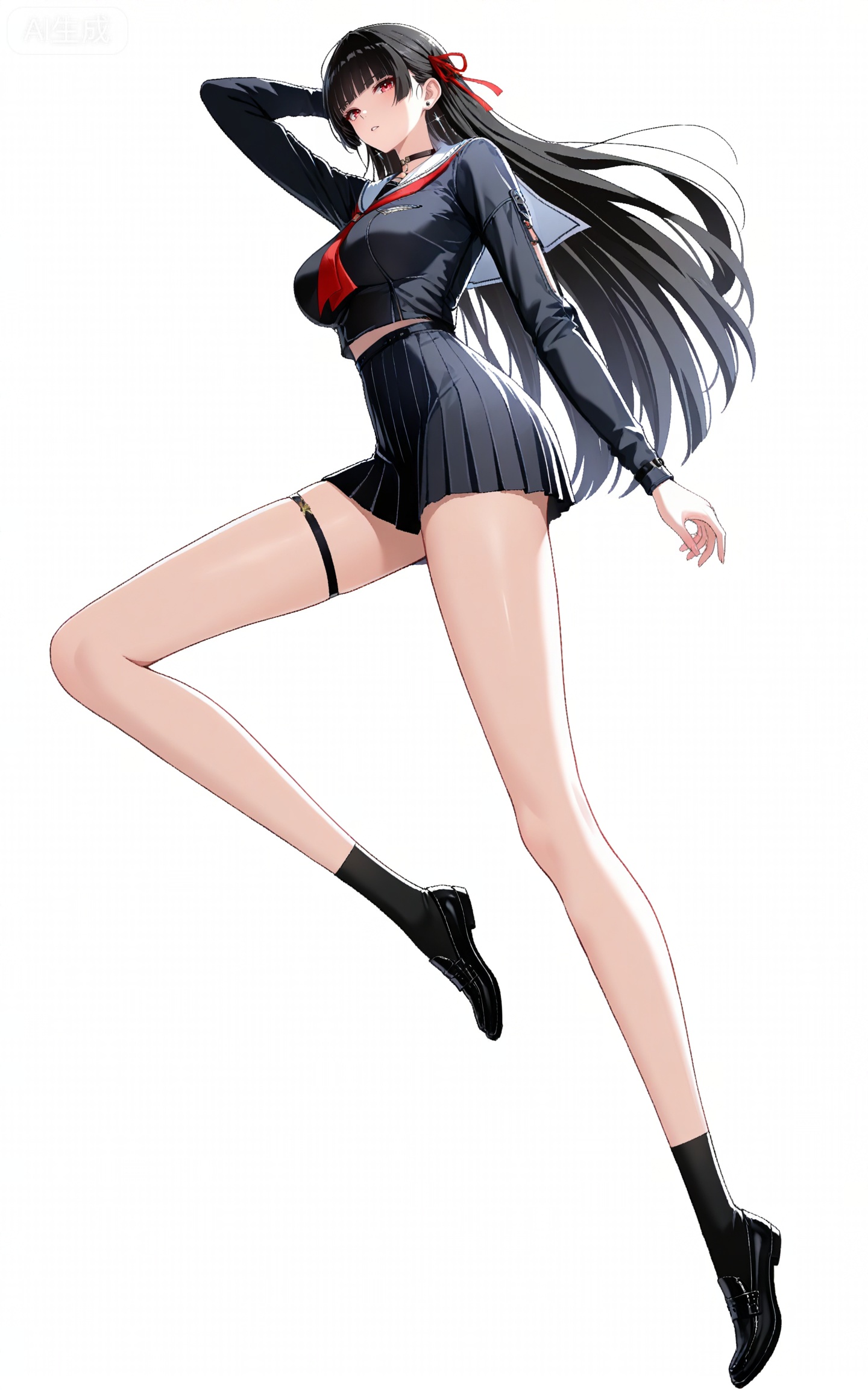 depth of field,masterpiece,best quality,very aesthetic,alternate costume,alternate costume,2024,2023,perfect composition,ultra-detailed,extreme aesthetic,masterpiece,best quality,good quality,newest,year 2024,year 2023,very aesthetic,absurdres,looking_at_viewer,colorful,
qianxiao black jacket, qianxiao black choker, qiaoxiao black serafuku, qianxiao black socks, qianxiao black miniskirt, qianxiao white sailor collar, qianxiao loafers, qianxiao pleated skirt, red neckerchief, red ribbon, white sailor collar, thigh strap, black hair, long hair, red eyes, blunt bangs, hime cut, 1girl, solo, full body, hair ribbon, earrings, looking at viewer, black footwear, jewelry, white background, standing, long sleeves, simple background, neckerchief, parted lips, bare legs, collarbone, breasts