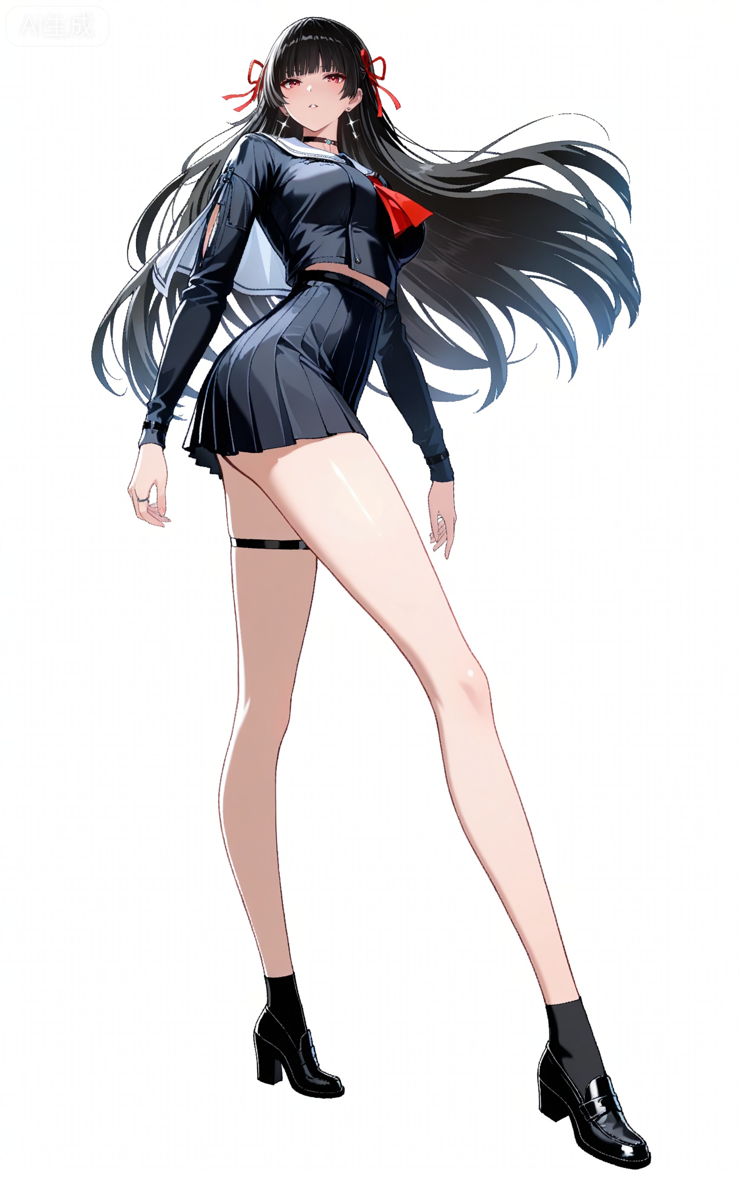 depth of field,masterpiece,best quality,very aesthetic,alternate costume,alternate costume,2024,2023,perfect composition,ultra-detailed,extreme aesthetic,masterpiece,best quality,good quality,newest,year 2024,year 2023,very aesthetic,absurdres,looking_at_viewer,colorful,
qianxiao black jacket, qianxiao black choker, qiaoxiao black serafuku, qianxiao black socks, qianxiao black miniskirt, qianxiao white sailor collar, qianxiao loafers, qianxiao pleated skirt, red neckerchief, red ribbon, white sailor collar, thigh strap, black hair, long hair, red eyes, blunt bangs, hime cut, 1girl, solo, full body, hair ribbon, earrings, looking at viewer, black footwear, jewelry, white background, standing, long sleeves, simple background, neckerchief, parted lips, bare legs, collarbone, breasts