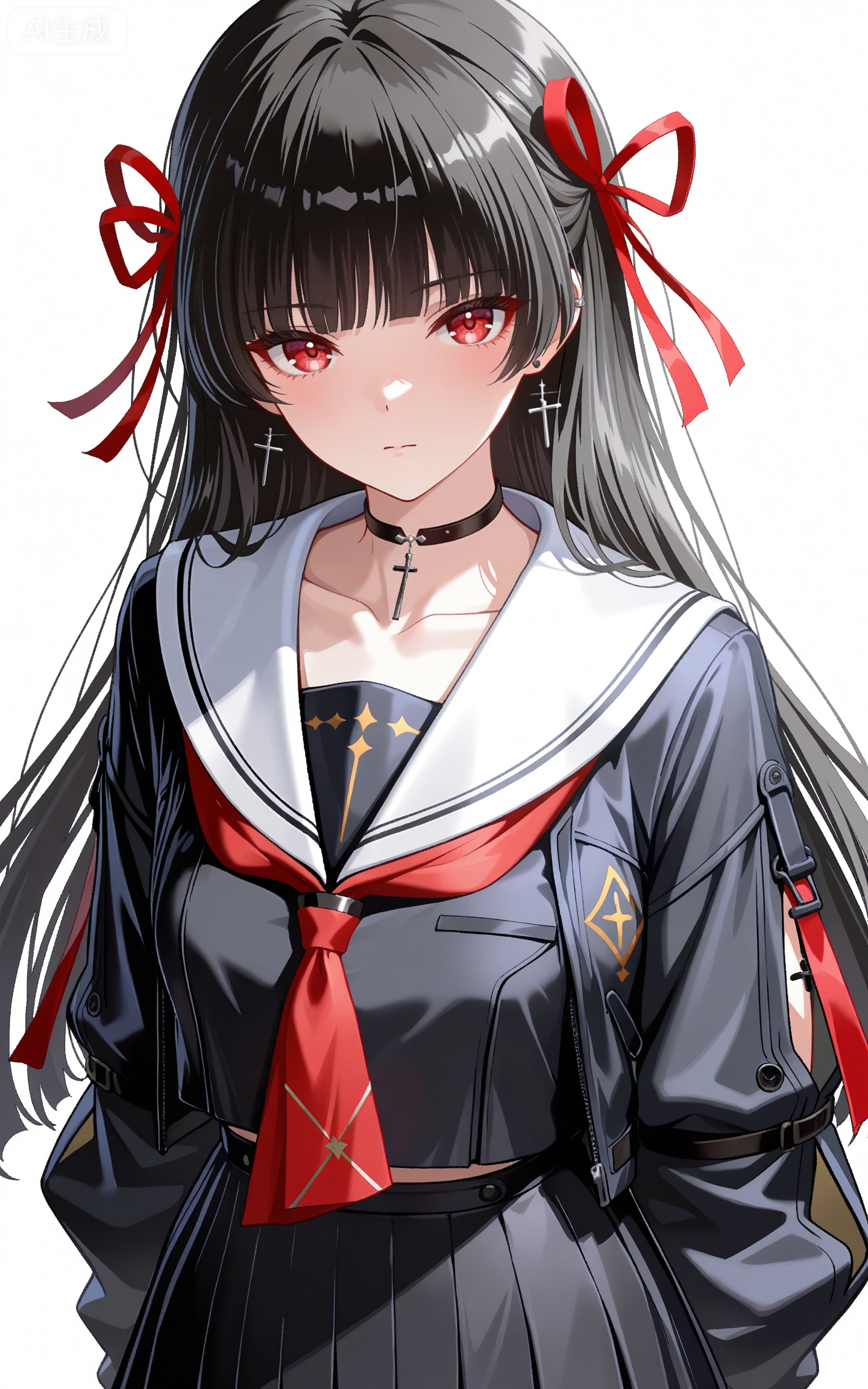 depth of field,masterpiece,best quality,very aesthetic,alternate costume,alternate costume,2024,2023,perfect composition,ultra-detailed,extreme aesthetic,masterpiece,best quality,good quality,newest,year 2024,year 2023,very aesthetic,absurdres,looking_at_viewer,colorful,
qianxiao black jacket, qianxiao black choker, qiaoxiao black serafuku,  qianxiao black miniskirt, qianxiao white sailor collar, qianxiao pleated skirt, red neckerchief, red ribbon, white sailor collar, black hair, long hair, red eyes, blunt bangs, hime cut, 1girl, solo, long hair, hair ribbon, cross, looking at viewer, ribbon, jewelry, earrings, white background, simple background, cross earrings, red ribbon, long sleeves, closed mouth, collarbone