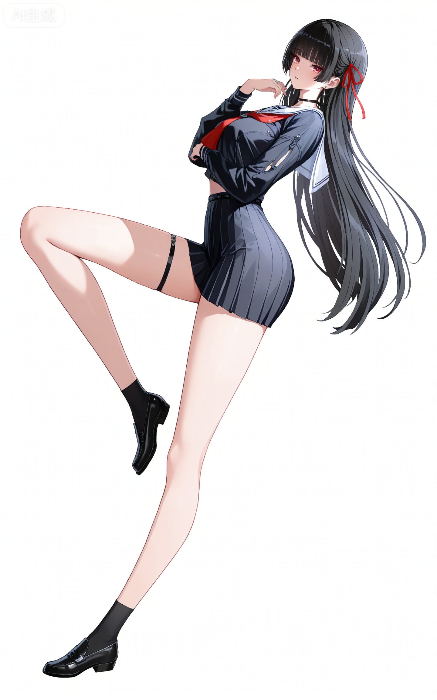 depth of field,masterpiece,best quality,very aesthetic,alternate costume,alternate costume,2024,2023,perfect composition,ultra-detailed,extreme aesthetic,masterpiece,best quality,good quality,newest,year 2024,year 2023,very aesthetic,absurdres,looking_at_viewer,colorful,
qianxiao black jacket, qianxiao black choker, qiaoxiao black serafuku, qianxiao black socks, qianxiao black miniskirt, qianxiao white sailor collar, qianxiao loafers, qianxiao pleated skirt, red neckerchief, red ribbon, white sailor collar, thigh strap, black hair, long hair, red eyes, blunt bangs, hime cut, 1girl, solo, full body, hair ribbon, earrings, looking at viewer, black footwear, jewelry, white background, standing, long sleeves, simple background, neckerchief, parted lips, bare legs, collarbone, breasts