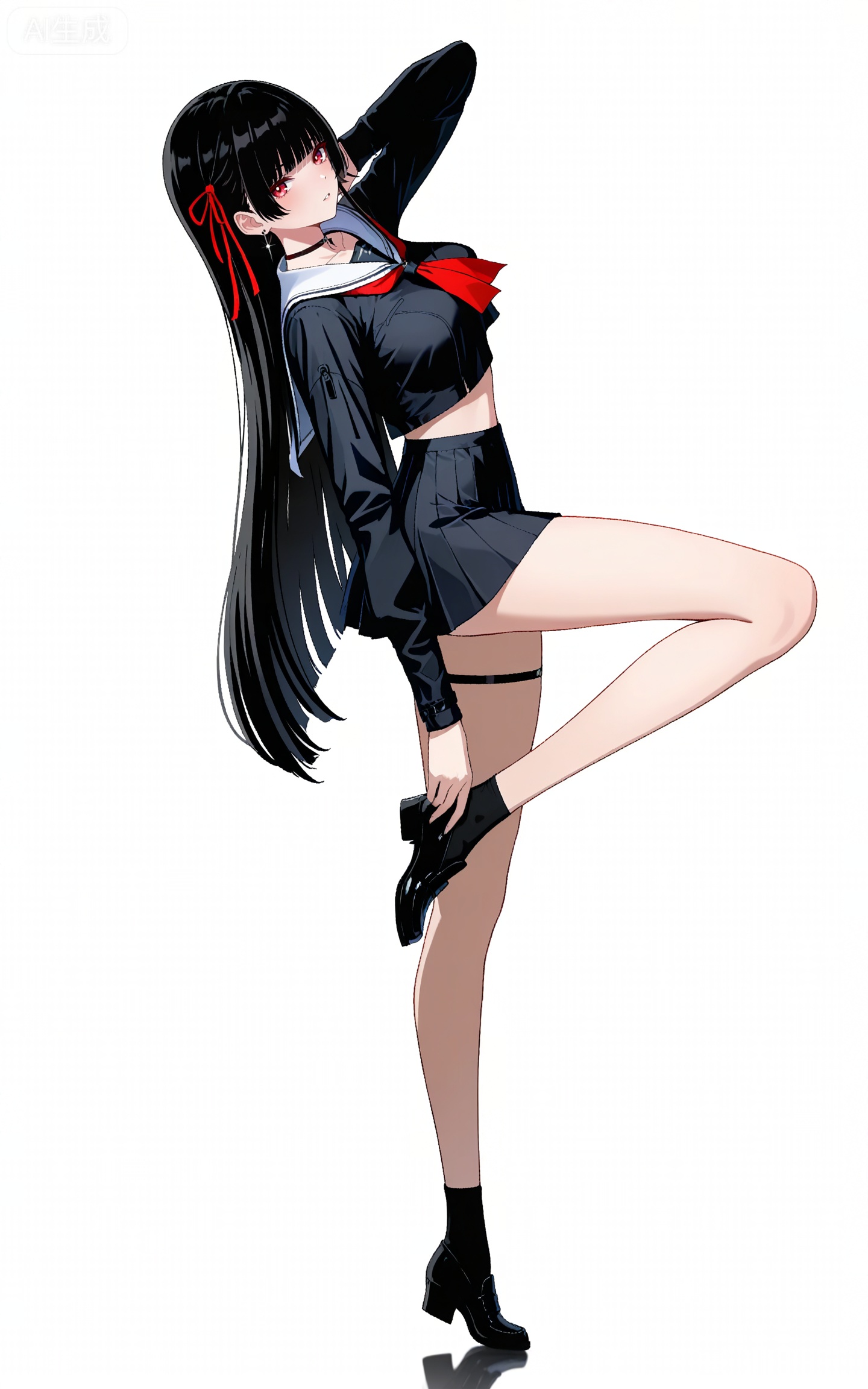 depth of field,masterpiece,best quality,very aesthetic,alternate costume,alternate costume,2024,2023,perfect composition,ultra-detailed,extreme aesthetic,masterpiece,best quality,good quality,newest,year 2024,year 2023,very aesthetic,absurdres,looking_at_viewer,colorful,
qianxiao black jacket, qianxiao black choker, qiaoxiao black serafuku, qianxiao black socks, qianxiao black miniskirt, qianxiao white sailor collar, qianxiao loafers, qianxiao pleated skirt, red neckerchief, red ribbon, white sailor collar, thigh strap, black hair, long hair, red eyes, blunt bangs, hime cut, 1girl, solo, full body, hair ribbon, earrings, looking at viewer, black footwear, jewelry, white background, standing, long sleeves, simple background, neckerchief, parted lips, bare legs, collarbone, breasts