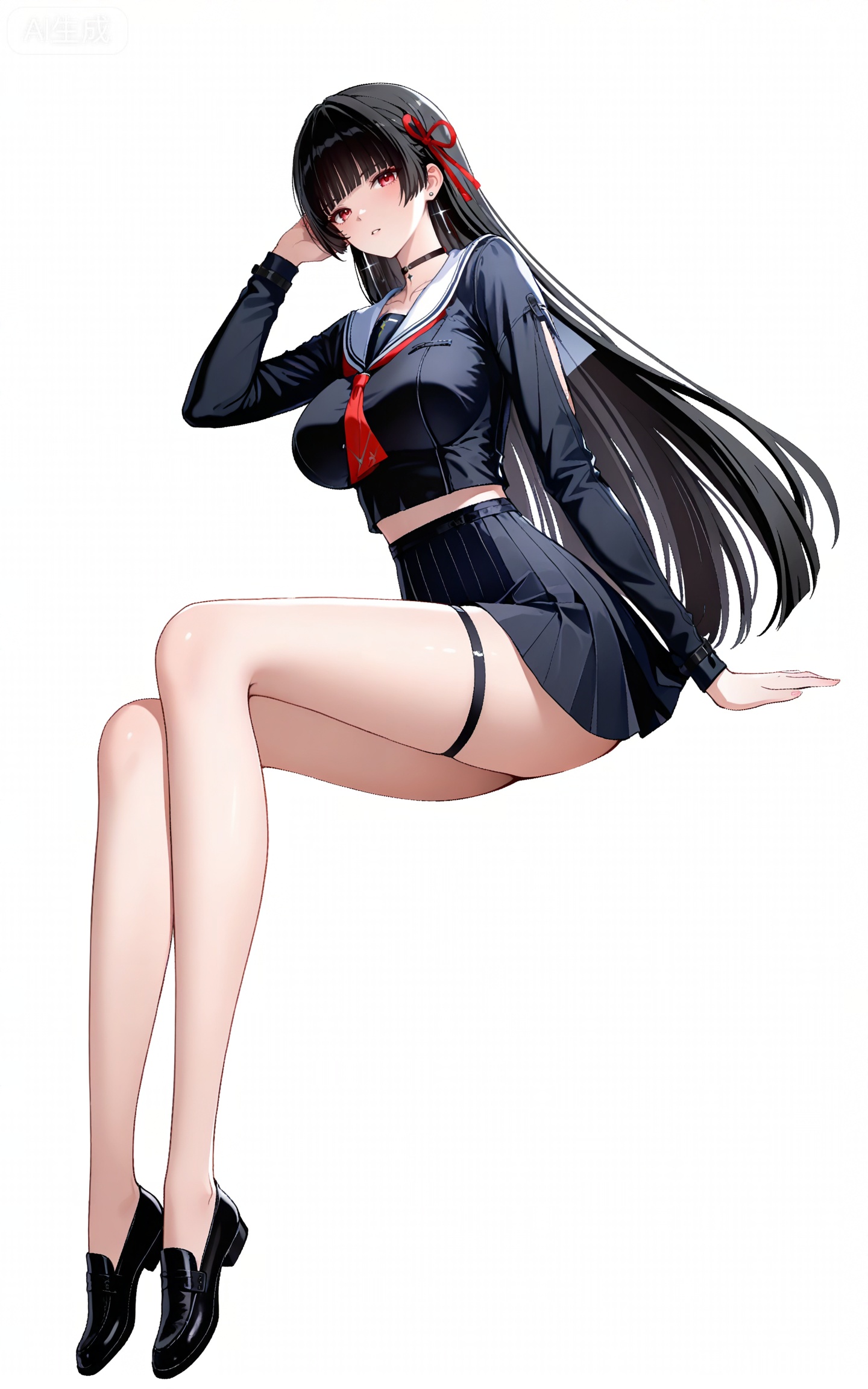 depth of field,masterpiece,best quality,very aesthetic,alternate costume,alternate costume,2024,2023,perfect composition,ultra-detailed,extreme aesthetic,masterpiece,best quality,good quality,newest,year 2024,year 2023,very aesthetic,absurdres,looking_at_viewer,colorful,
qianxiao black jacket, qianxiao black choker, qiaoxiao black serafuku, qianxiao black socks, qianxiao black miniskirt, qianxiao white sailor collar, qianxiao loafers, qianxiao pleated skirt, red neckerchief, red ribbon, white sailor collar, thigh strap, black hair, long hair, red eyes, blunt bangs, hime cut, 1girl, solo, full body, hair ribbon, earrings, looking at viewer, black footwear, jewelry, white background, long sleeves, simple background, neckerchief, parted lips, bare legs, collarbone, breasts,sitting,invisible chair