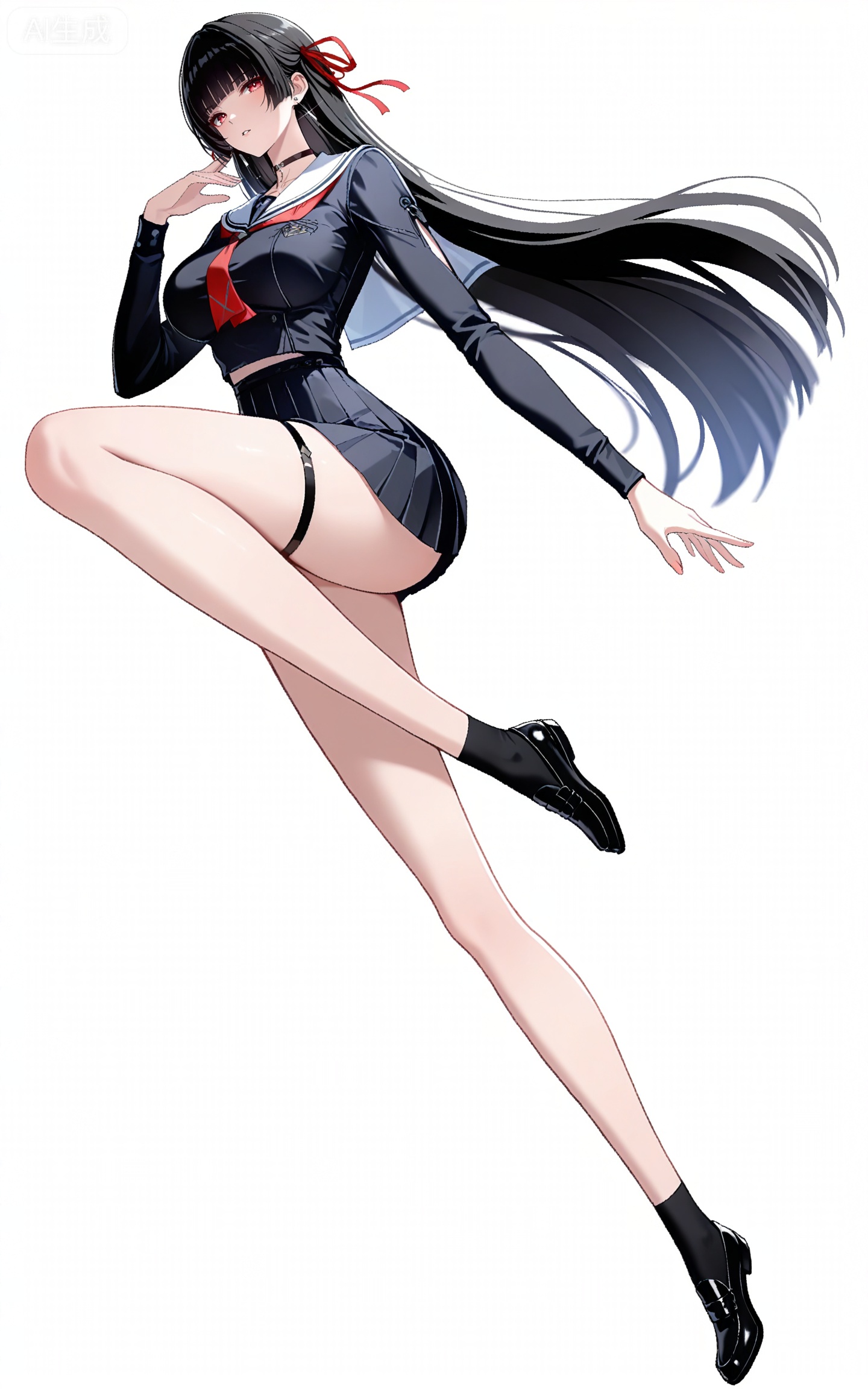 depth of field,masterpiece,best quality,very aesthetic,alternate costume,alternate costume,2024,2023,perfect composition,ultra-detailed,extreme aesthetic,masterpiece,best quality,good quality,newest,year 2024,year 2023,very aesthetic,absurdres,looking_at_viewer,colorful,
qianxiao black jacket, qianxiao black choker, qiaoxiao black serafuku, qianxiao black socks, qianxiao black miniskirt, qianxiao white sailor collar, qianxiao loafers, qianxiao pleated skirt, red neckerchief, red ribbon, white sailor collar, thigh strap, black hair, long hair, red eyes, blunt bangs, hime cut, 1girl, solo, full body, hair ribbon, earrings, looking at viewer, black footwear, jewelry, white background, standing, long sleeves, simple background, neckerchief, parted lips, bare legs, collarbone, breasts