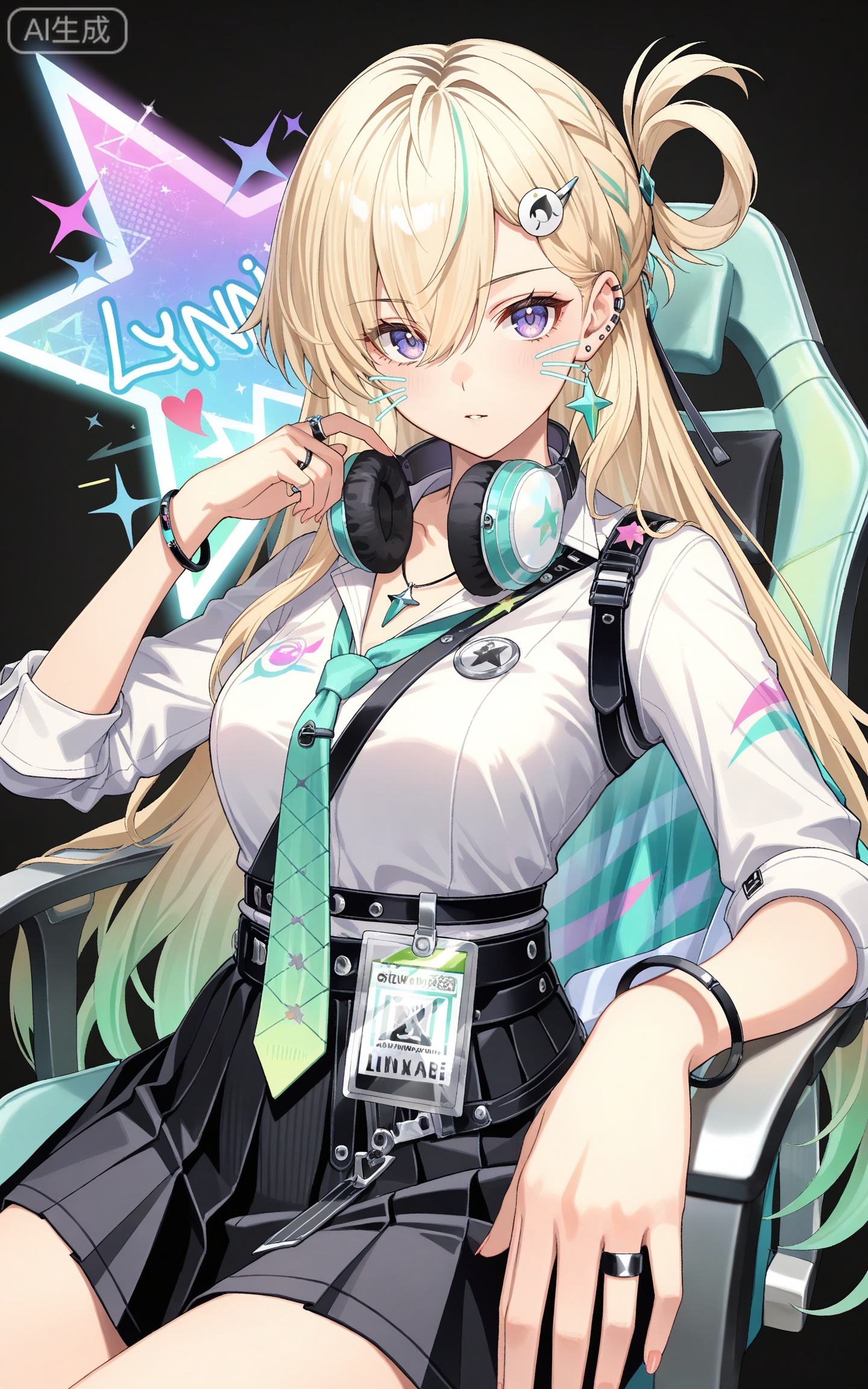 depth of field,masterpiece,best quality,very aesthetic,alternate costume,alternate costume,2024,2023,perfect composition,ultra-detailed,extreme aesthetic,masterpiece,best quality,good quality,newest,year 2024,year 2023,very aesthetic,absurdres,looking_at_viewer,colorful,
linnai white shirt, linnai black skirt, linnai pleated skirt, shirt tucked in, sleeves rolled up, blonde hair, blue eyes, gradient hair, green hair, half updo, asymmetrical bangs, hairclip, headphones around neck, long hair, multicolored hair, ear piercing, purple eyes, streaked hair, very long hair, one side up, hair rings, 1girl, jewelry, necktie, solo, hair ornament, star \(symbol\), necklace, breasts, black background, looking at viewer, bracelet, ring, green necktie, simple background, hair between eyes, loose necktie, star hair ornament, belt, id card, medium breasts,
heart,heart energy,cover,drawn whiskers,sitting,chair,abstract background