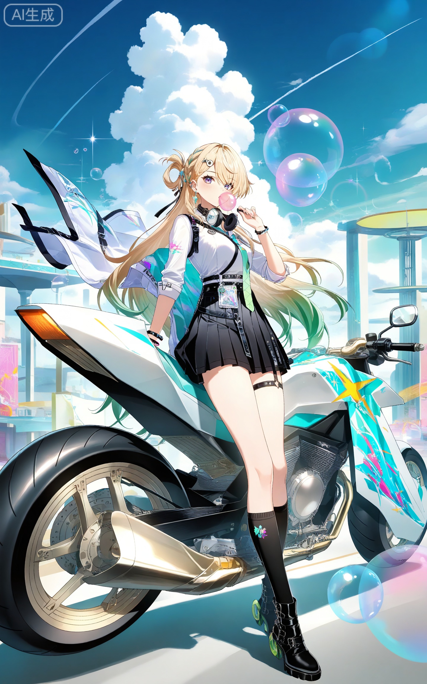 depth of field,masterpiece,best quality,very aesthetic,alternate costume,alternate costume,2024,2023,perfect composition,ultra-detailed,extreme aesthetic,masterpiece,best quality,good quality,newest,year 2024,year 2023,very aesthetic,absurdres,looking_at_viewer,colorful,
linnai white shirt, linnai black skirt, linnai pleated skirt, linnai black socks, thigh strap, shirt tucked in, sleeves rolled up, linnai boots, blonde hair, blue eyes, gradient hair, green hair, half updo, asymmetrical bangs, hairclip, headphones around neck, long hair, multicolored hair, ear piercing, purple eyes, streaked hair, very long hair, one side up, 1girl, motor vehicle, motorcycle, solo, black footwear, bubble blowing, chewing gum, jewelry, kneehighs, looking at viewer, earrings, full body, bracelet, holding