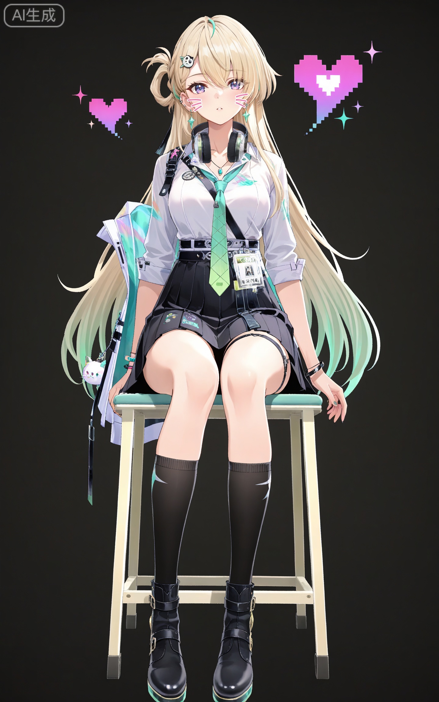 depth of field,masterpiece,best quality,very aesthetic,alternate costume,alternate costume,2024,2023,perfect composition,ultra-detailed,extreme aesthetic,masterpiece,best quality,good quality,newest,year 2024,year 2023,very aesthetic,absurdres,looking_at_viewer,colorful,
linnai white shirt, linnai black skirt, linnai pleated skirt, linnai black socks, thigh strap, shirt tucked in, sleeves rolled up, linnai boots, blonde hair, blue eyes, gradient hair, green hair, half updo, asymmetrical bangs, hairclip, headphones around neck, long hair, multicolored hair, ear piercing, purple eyes, streaked hair, very long hair, one side up, 1girl, solo, necktie, jewelry, full body, earrings, hair ornament, black background, black footwear, looking at viewer, breasts, green necktie, bracelet, kneehighs, simple background, id card, medium breasts, necklace, belt, collarbone, bag,heart,heart energy,cover,drawn whiskers,sitting,chair,