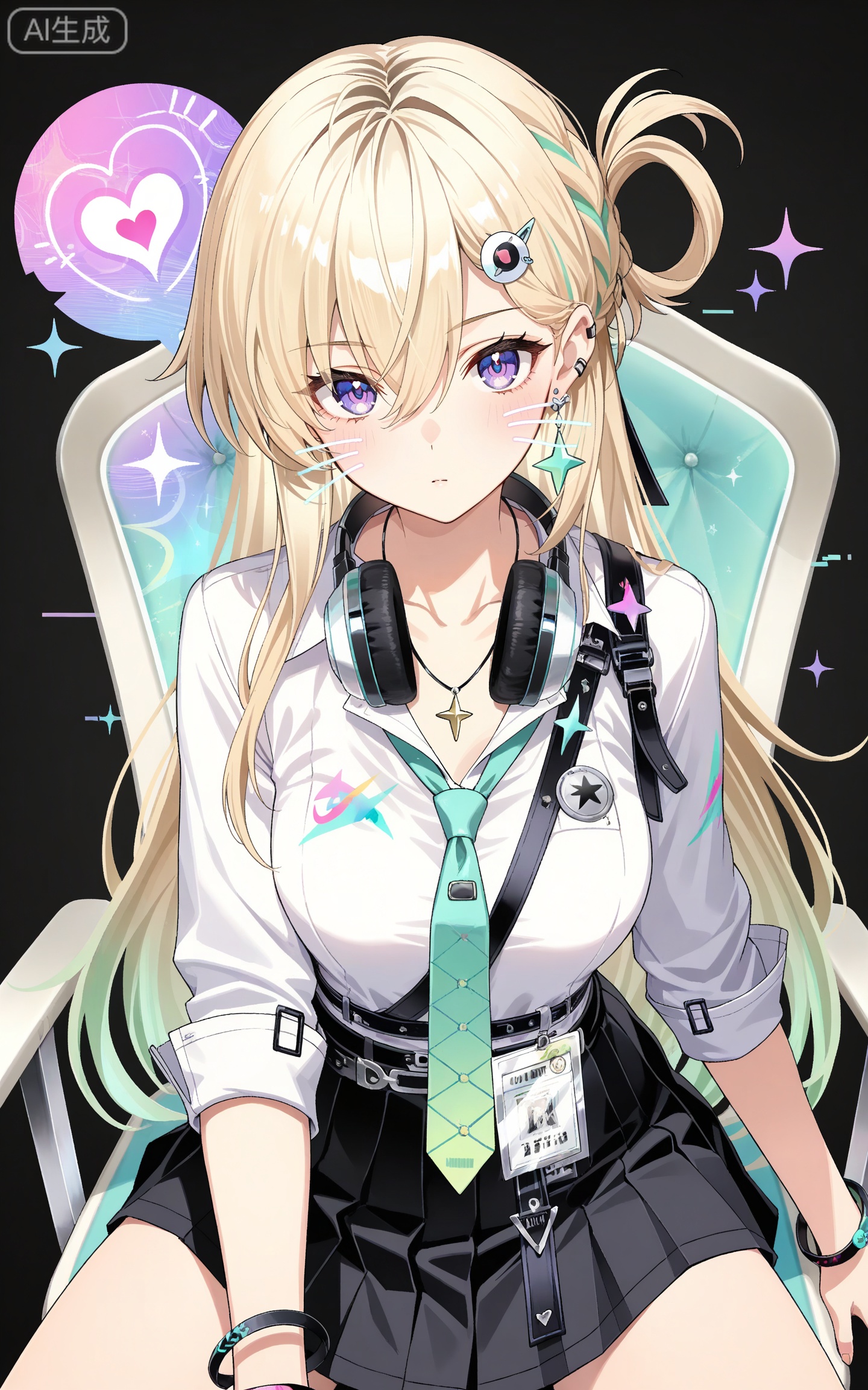 depth of field,masterpiece,best quality,very aesthetic,alternate costume,alternate costume,2024,2023,perfect composition,ultra-detailed,extreme aesthetic,masterpiece,best quality,good quality,newest,year 2024,year 2023,very aesthetic,absurdres,looking_at_viewer,colorful,
linnai white shirt, linnai black skirt, linnai pleated skirt, shirt tucked in, sleeves rolled up, blonde hair, blue eyes, gradient hair, green hair, half updo, asymmetrical bangs, hairclip, headphones around neck, long hair, multicolored hair, ear piercing, purple eyes, streaked hair, very long hair, one side up, hair rings, 1girl, jewelry, necktie, solo, hair ornament, star \(symbol\), necklace, breasts, black background, looking at viewer, bracelet, ring, green necktie, simple background, hair between eyes, loose necktie, star hair ornament, belt, id card, medium breasts,
heart,heart energy,cover,drawn whiskers,sitting,chair,abstract background