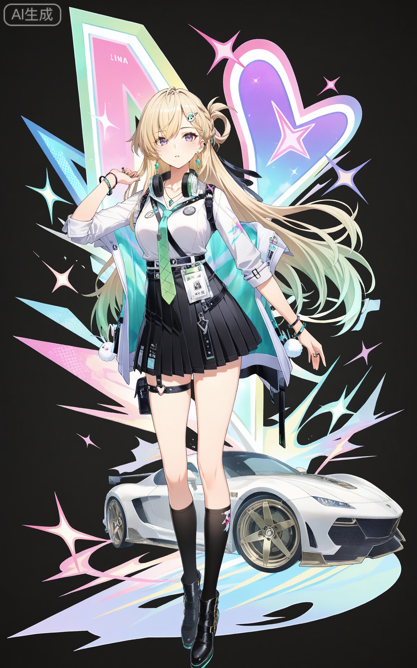 depth of field,masterpiece,best quality,very aesthetic,alternate costume,alternate costume,2024,2023,perfect composition,ultra-detailed,extreme aesthetic,masterpiece,best quality,good quality,newest,year 2024,year 2023,very aesthetic,absurdres,looking_at_viewer,colorful,
linnai white shirt, linnai black skirt, linnai pleated skirt, linnai black socks, thigh strap, shirt tucked in, sleeves rolled up, linnai boots, blonde hair, blue eyes, gradient hair, green hair, half updo, asymmetrical bangs, hairclip, headphones around neck, long hair, multicolored hair, ear piercing, purple eyes, streaked hair, very long hair, one side up, 1girl, solo, necktie, jewelry, full body, earrings, hair ornament, black background, black footwear, looking at viewer, breasts, green necktie, bracelet, kneehighs, simple background, id card, medium breasts, necklace, belt, collarbone, bag,heart,heart energy,cover,sports car