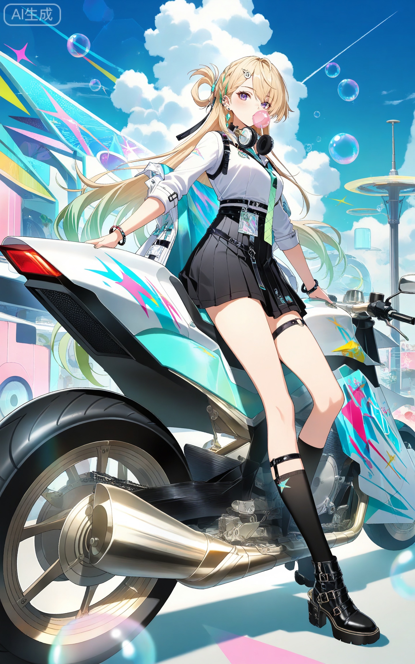 depth of field,masterpiece,best quality,very aesthetic,alternate costume,alternate costume,2024,2023,perfect composition,ultra-detailed,extreme aesthetic,masterpiece,best quality,good quality,newest,year 2024,year 2023,very aesthetic,absurdres,looking_at_viewer,colorful,
linnai white shirt, linnai black skirt, linnai pleated skirt, linnai black socks, thigh strap, shirt tucked in, sleeves rolled up, linnai boots, blonde hair, blue eyes, gradient hair, green hair, half updo, asymmetrical bangs, hairclip, headphones around neck, long hair, multicolored hair, ear piercing, purple eyes, streaked hair, very long hair, one side up, 1girl, motor vehicle, motorcycle, solo, black footwear, bubble blowing, chewing gum, jewelry, kneehighs, looking at viewer, earrings, full body, bracelet, holding