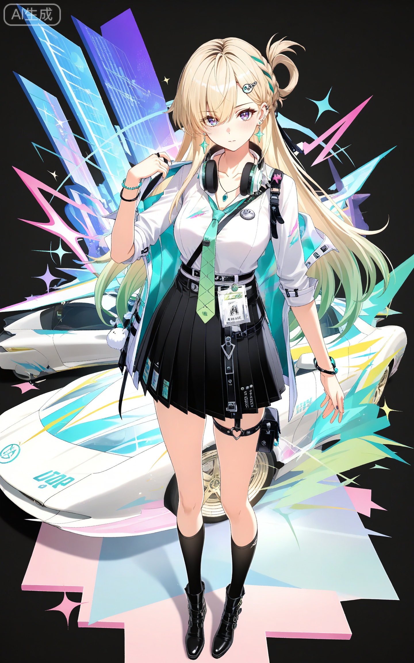 depth of field,masterpiece,best quality,very aesthetic,alternate costume,alternate costume,2024,2023,perfect composition,ultra-detailed,extreme aesthetic,masterpiece,best quality,good quality,newest,year 2024,year 2023,very aesthetic,absurdres,looking_at_viewer,colorful,
linnai white shirt, linnai black skirt, linnai pleated skirt, linnai black socks, thigh strap, shirt tucked in, sleeves rolled up, linnai boots, blonde hair, blue eyes, gradient hair, green hair, half updo, asymmetrical bangs, hairclip, headphones around neck, long hair, multicolored hair, ear piercing, purple eyes, streaked hair, very long hair, one side up, 1girl, solo, necktie, jewelry, full body, earrings, hair ornament, black background, black footwear, looking at viewer, breasts, green necktie, bracelet, kneehighs, standing, simple background, id card, medium breasts, necklace, belt, collarbone, bag,heart,heart energy,cover,sports car