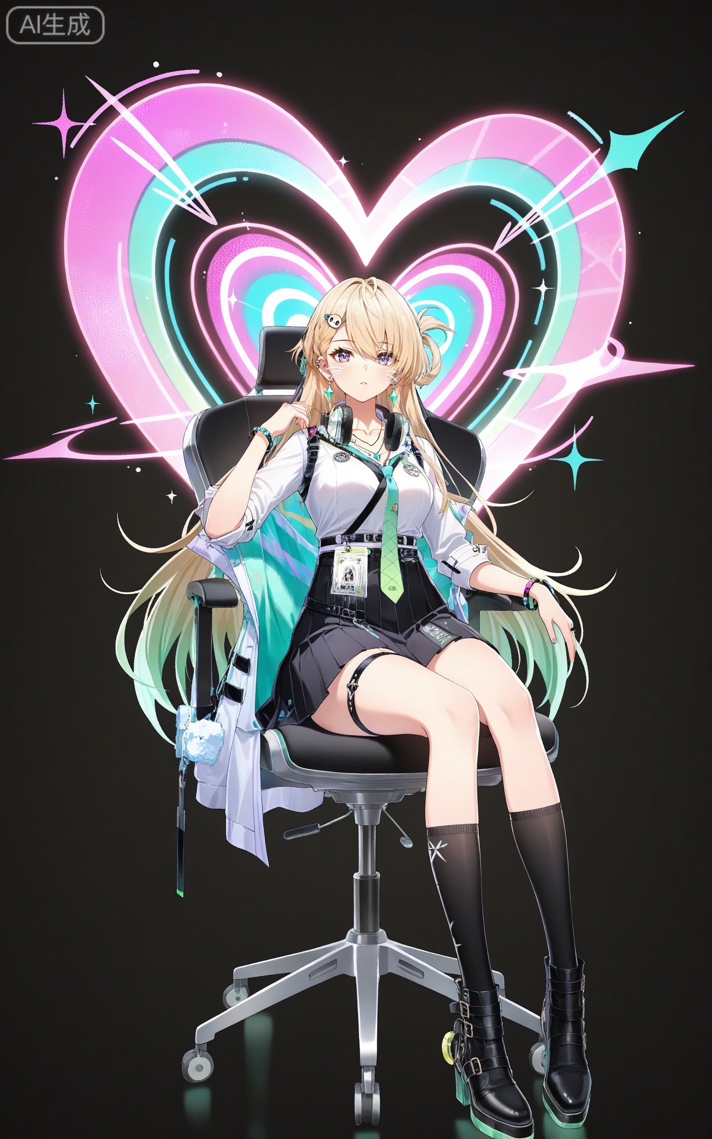 depth of field,masterpiece,best quality,very aesthetic,alternate costume,alternate costume,2024,2023,perfect composition,ultra-detailed,extreme aesthetic,masterpiece,best quality,good quality,newest,year 2024,year 2023,very aesthetic,absurdres,looking_at_viewer,colorful,
linnai white shirt, linnai black skirt, linnai pleated skirt, linnai black socks, thigh strap, shirt tucked in, sleeves rolled up, linnai boots, blonde hair, blue eyes, gradient hair, green hair, half updo, asymmetrical bangs, hairclip, headphones around neck, long hair, multicolored hair, ear piercing, purple eyes, streaked hair, very long hair, one side up, 1girl, solo, necktie, jewelry, full body, earrings, hair ornament, black background, black footwear, looking at viewer, breasts, green necktie, bracelet, kneehighs, simple background, id card, medium breasts, necklace, belt, collarbone, bag,heart,heart energy,cover,drawn whiskers,sitting,chair,abstract background