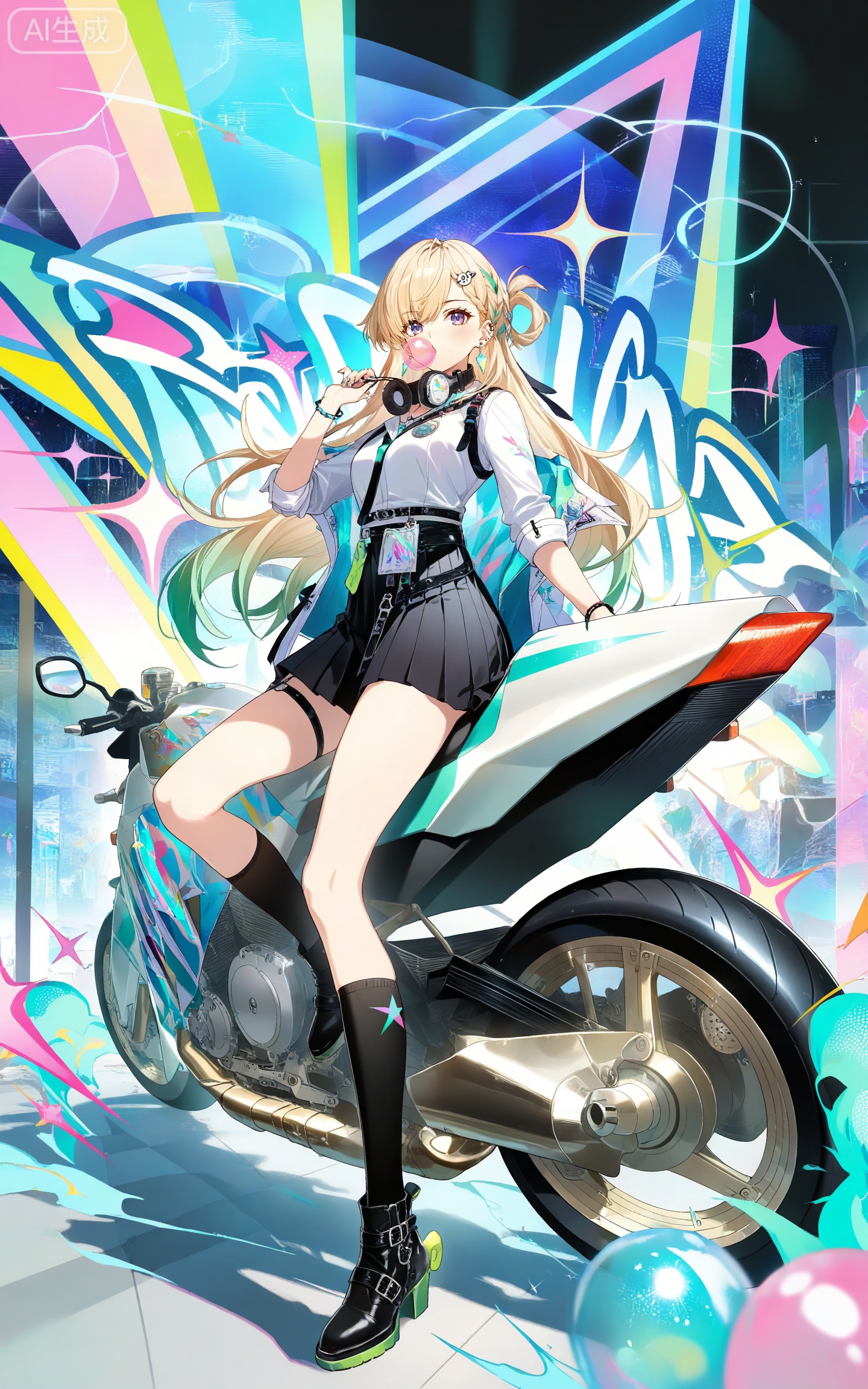 depth of field,masterpiece,best quality,very aesthetic,alternate costume,alternate costume,2024,2023,perfect composition,ultra-detailed,extreme aesthetic,masterpiece,best quality,good quality,newest,year 2024,year 2023,very aesthetic,absurdres,looking_at_viewer,colorful,
linnai white shirt, linnai black skirt, linnai pleated skirt, linnai black socks, thigh strap, shirt tucked in, sleeves rolled up, linnai boots, blonde hair, blue eyes, gradient hair, green hair, half updo, asymmetrical bangs, hairclip, headphones around neck, long hair, multicolored hair, ear piercing, purple eyes, streaked hair, very long hair, one side up, 1girl, motor vehicle, motorcycle, solo, black footwear, bubble blowing, chewing gum, jewelry, kneehighs, looking at viewer, earrings, full body, bracelet, holding