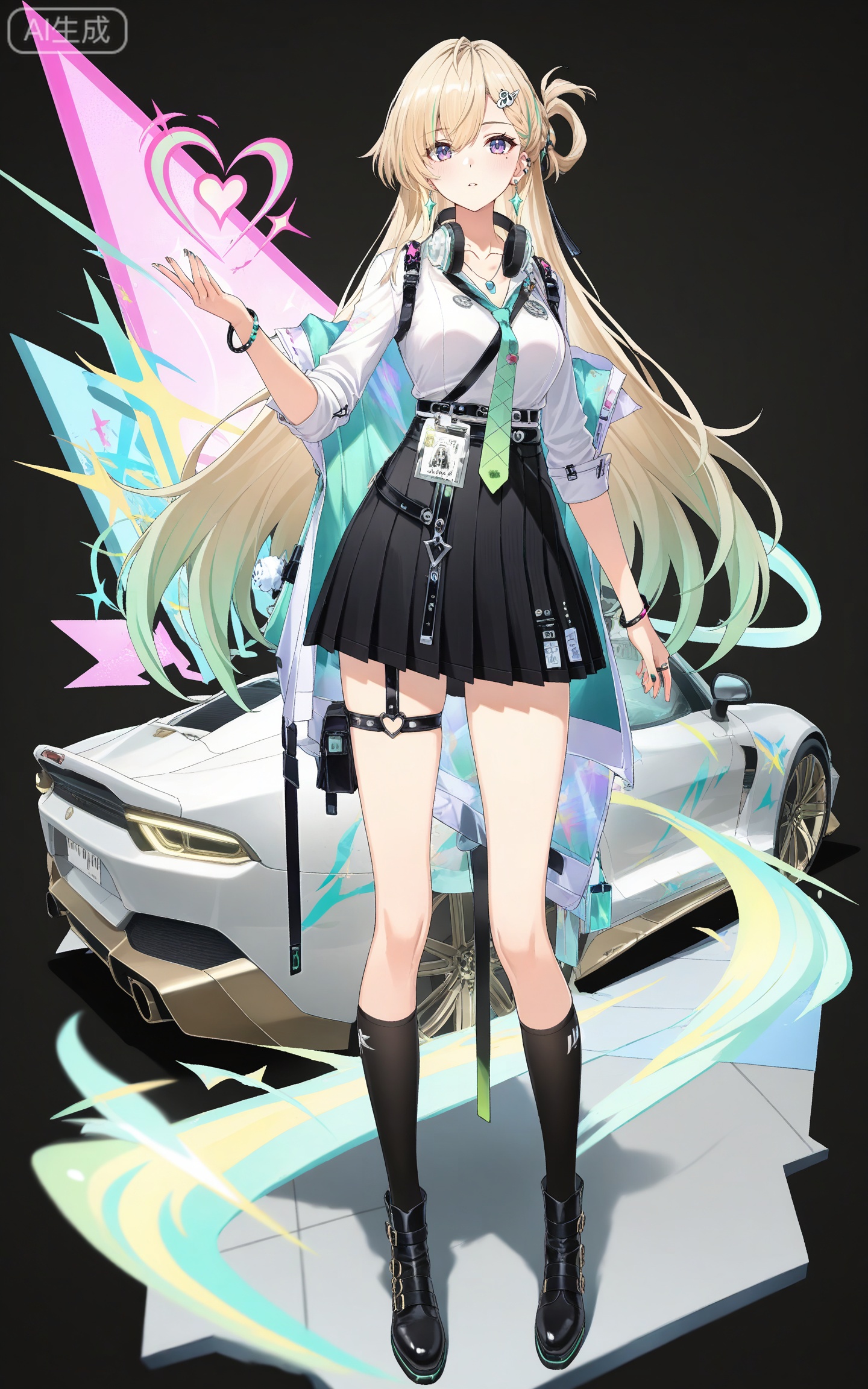 depth of field,masterpiece,best quality,very aesthetic,alternate costume,alternate costume,2024,2023,perfect composition,ultra-detailed,extreme aesthetic,masterpiece,best quality,good quality,newest,year 2024,year 2023,very aesthetic,absurdres,looking_at_viewer,colorful,
linnai white shirt, linnai black skirt, linnai pleated skirt, linnai black socks, thigh strap, shirt tucked in, sleeves rolled up, linnai boots, blonde hair, blue eyes, gradient hair, green hair, half updo, asymmetrical bangs, hairclip, headphones around neck, long hair, multicolored hair, ear piercing, purple eyes, streaked hair, very long hair, one side up, 1girl, solo, necktie, jewelry, full body, earrings, hair ornament, black background, black footwear, looking at viewer, breasts, green necktie, bracelet, kneehighs, simple background, id card, medium breasts, necklace, belt, collarbone, bag,heart,heart energy,cover,sports car