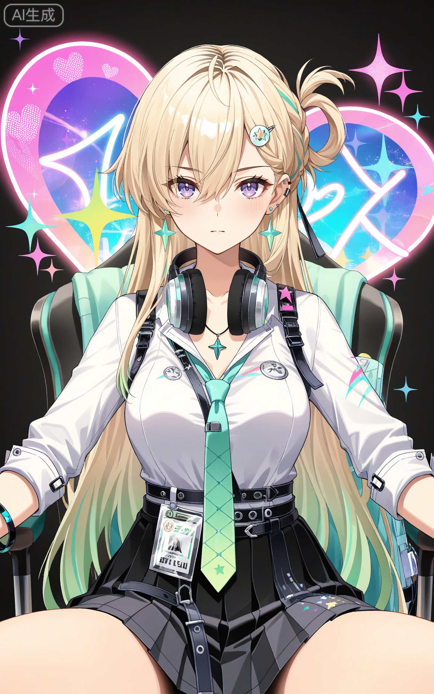 depth of field,masterpiece,best quality,very aesthetic,alternate costume,alternate costume,2024,2023,perfect composition,ultra-detailed,extreme aesthetic,masterpiece,best quality,good quality,newest,year 2024,year 2023,very aesthetic,absurdres,looking_at_viewer,colorful,
linnai white shirt, linnai black skirt, linnai pleated skirt, shirt tucked in, sleeves rolled up, blonde hair, blue eyes, gradient hair, green hair, half updo, asymmetrical bangs, hairclip, headphones around neck, long hair, multicolored hair, ear piercing, purple eyes, streaked hair, very long hair, one side up, hair rings, 1girl, jewelry, necktie, solo, hair ornament, star \(symbol\), necklace, breasts, black background, looking at viewer, bracelet, ring, outstretched arms, green necktie, simple background, hair between eyes, loose necktie, star hair ornament, belt, id card, medium breasts,
heart,heart energy,cover,drawn whiskers,sitting,chair,abstract background