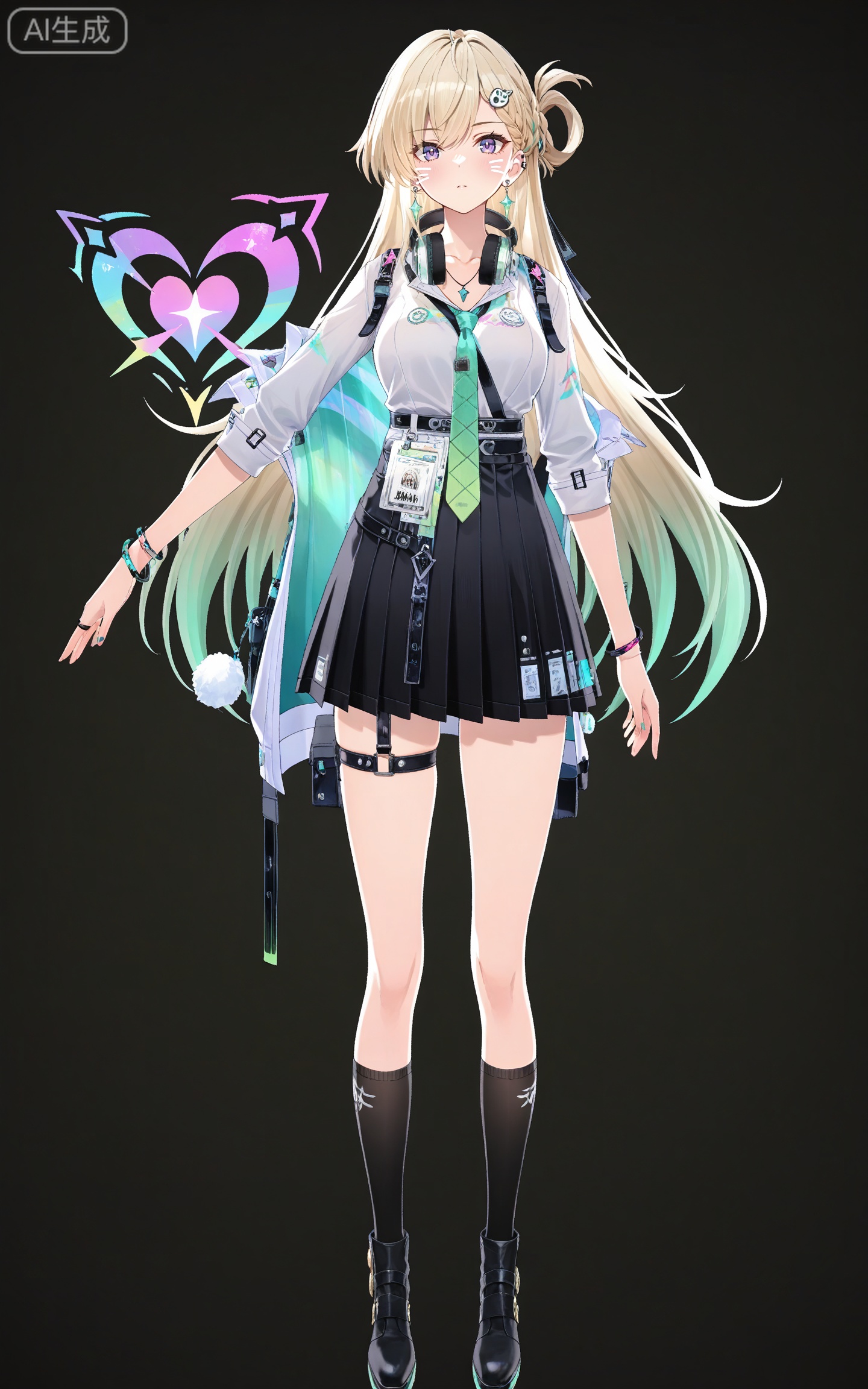 depth of field,masterpiece,best quality,very aesthetic,alternate costume,alternate costume,2024,2023,perfect composition,ultra-detailed,extreme aesthetic,masterpiece,best quality,good quality,newest,year 2024,year 2023,very aesthetic,absurdres,looking_at_viewer,colorful,
linnai white shirt, linnai black skirt, linnai pleated skirt, linnai black socks, thigh strap, shirt tucked in, sleeves rolled up, linnai boots, blonde hair, blue eyes, gradient hair, green hair, half updo, asymmetrical bangs, hairclip, headphones around neck, long hair, multicolored hair, ear piercing, purple eyes, streaked hair, very long hair, one side up, 1girl, solo, necktie, jewelry, full body, earrings, hair ornament, black background, black footwear, looking at viewer, breasts, green necktie, bracelet, kneehighs, simple background, id card, medium breasts, necklace, belt, collarbone, bag,heart,heart energy,cover,drawn whiskers