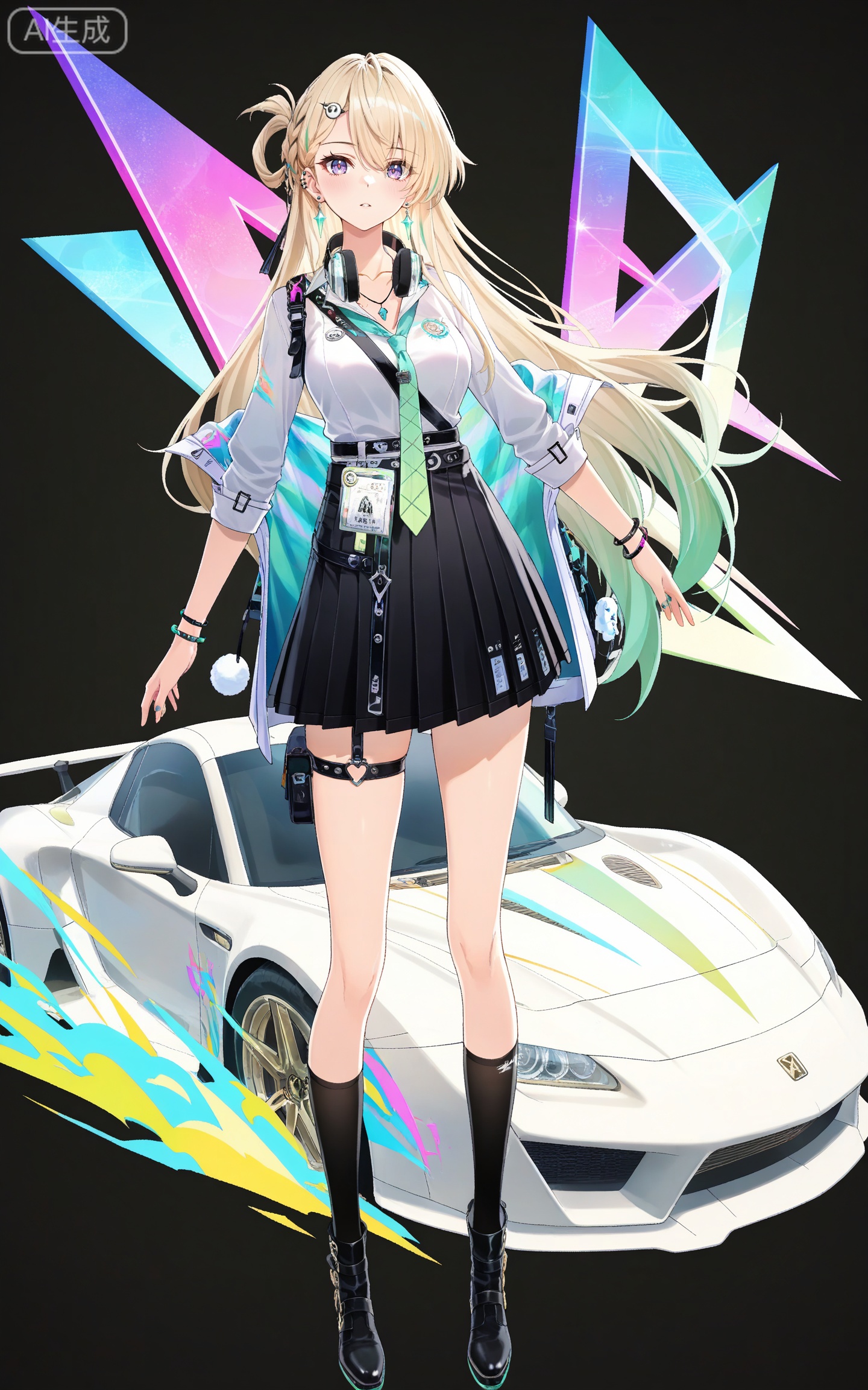 depth of field,masterpiece,best quality,very aesthetic,alternate costume,alternate costume,2024,2023,perfect composition,ultra-detailed,extreme aesthetic,masterpiece,best quality,good quality,newest,year 2024,year 2023,very aesthetic,absurdres,looking_at_viewer,colorful,
linnai white shirt, linnai black skirt, linnai pleated skirt, linnai black socks, thigh strap, shirt tucked in, sleeves rolled up, linnai boots, blonde hair, blue eyes, gradient hair, green hair, half updo, asymmetrical bangs, hairclip, headphones around neck, long hair, multicolored hair, ear piercing, purple eyes, streaked hair, very long hair, one side up, 1girl, solo, necktie, jewelry, full body, earrings, hair ornament, black background, black footwear, looking at viewer, breasts, green necktie, bracelet, kneehighs, standing, simple background, id card, medium breasts, necklace, belt, collarbone, bag,heart,heart energy,cover,sports car