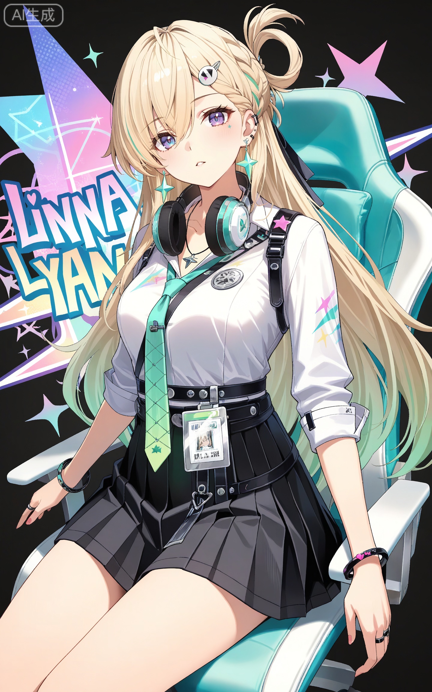 depth of field,masterpiece,best quality,very aesthetic,alternate costume,alternate costume,2024,2023,perfect composition,ultra-detailed,extreme aesthetic,masterpiece,best quality,good quality,newest,year 2024,year 2023,very aesthetic,absurdres,looking_at_viewer,colorful,
linnai white shirt, linnai black skirt, linnai pleated skirt, shirt tucked in, sleeves rolled up, blonde hair, blue eyes, gradient hair, green hair, half updo, asymmetrical bangs, hairclip, headphones around neck, long hair, multicolored hair, ear piercing, purple eyes, streaked hair, very long hair, one side up, hair rings, 1girl, jewelry, necktie, solo, hair ornament, star \(symbol\), necklace, breasts, black background, looking at viewer, bracelet, ring, outstretched arms, green necktie, simple background, hair between eyes, loose necktie, star hair ornament, belt, id card, medium breasts,
heart,heart energy,cover,drawn whiskers,sitting,chair,abstract background