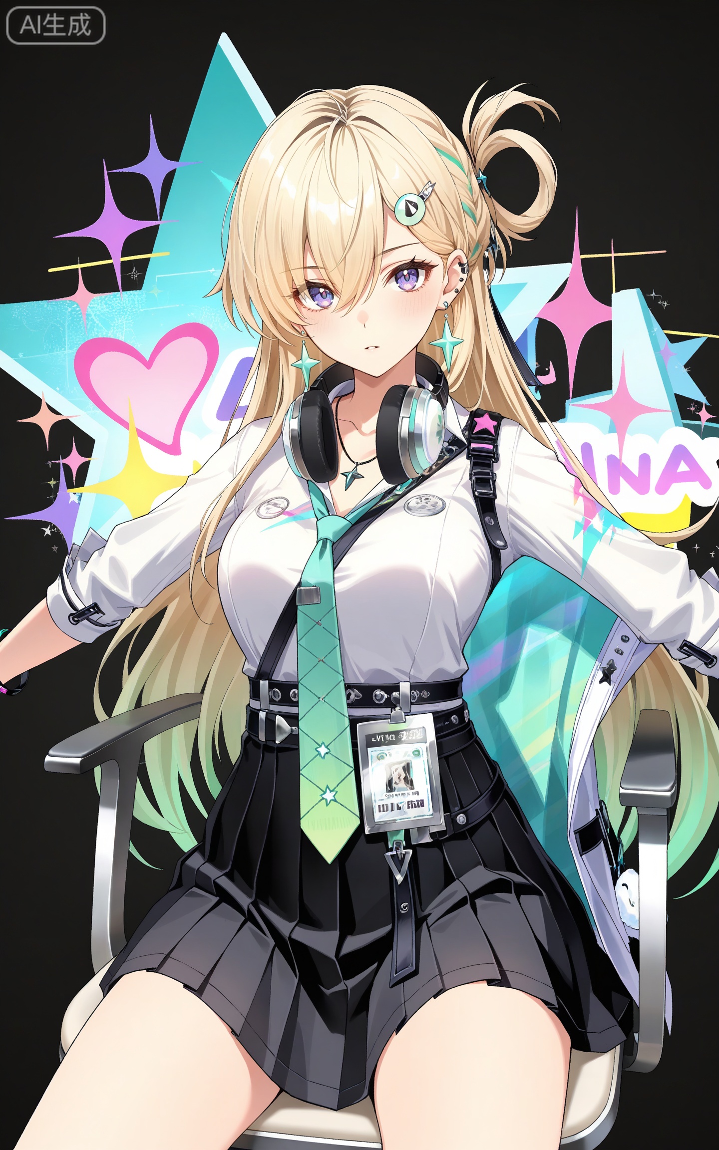 depth of field,masterpiece,best quality,very aesthetic,alternate costume,alternate costume,2024,2023,perfect composition,ultra-detailed,extreme aesthetic,masterpiece,best quality,good quality,newest,year 2024,year 2023,very aesthetic,absurdres,looking_at_viewer,colorful,
linnai white shirt, linnai black skirt, linnai pleated skirt, shirt tucked in, sleeves rolled up, blonde hair, blue eyes, gradient hair, green hair, half updo, asymmetrical bangs, hairclip, headphones around neck, long hair, multicolored hair, ear piercing, purple eyes, streaked hair, very long hair, one side up, hair rings, 1girl, jewelry, necktie, solo, hair ornament, star \(symbol\), necklace, breasts, black background, looking at viewer, bracelet, ring, outstretched arms, green necktie, simple background, hair between eyes, loose necktie, star hair ornament, belt, id card, medium breasts,
heart,heart energy,cover,drawn whiskers,sitting,chair,abstract background