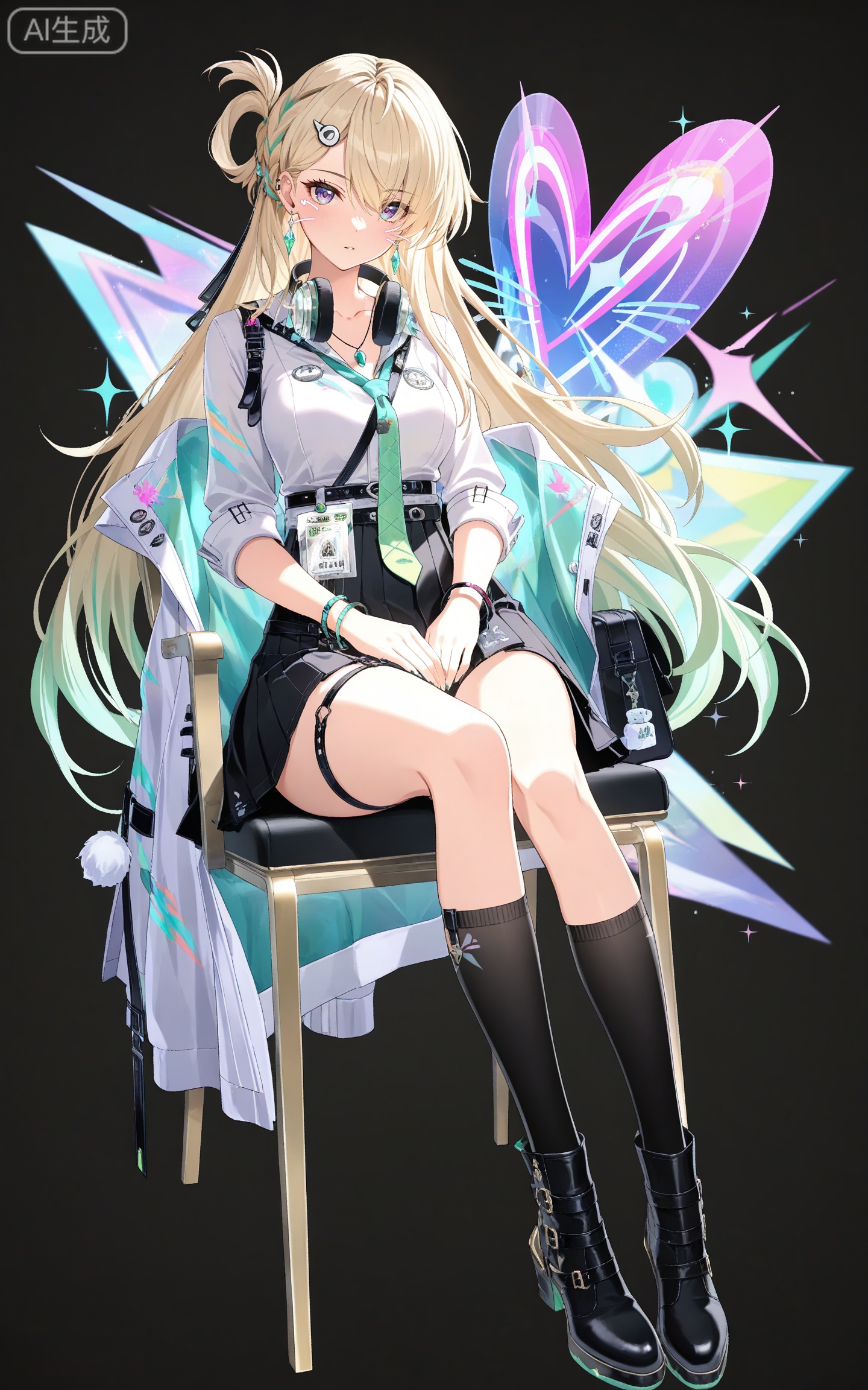 depth of field,masterpiece,best quality,very aesthetic,alternate costume,alternate costume,2024,2023,perfect composition,ultra-detailed,extreme aesthetic,masterpiece,best quality,good quality,newest,year 2024,year 2023,very aesthetic,absurdres,looking_at_viewer,colorful,
linnai white shirt, linnai black skirt, linnai pleated skirt, linnai black socks, thigh strap, shirt tucked in, sleeves rolled up, linnai boots, blonde hair, blue eyes, gradient hair, green hair, half updo, asymmetrical bangs, hairclip, headphones around neck, long hair, multicolored hair, ear piercing, purple eyes, streaked hair, very long hair, one side up, 1girl, solo, necktie, jewelry, full body, earrings, hair ornament, black background, black footwear, looking at viewer, breasts, green necktie, bracelet, kneehighs, simple background, id card, medium breasts, necklace, belt, collarbone, bag,heart,heart energy,cover,drawn whiskers,sitting,chair,abstract background