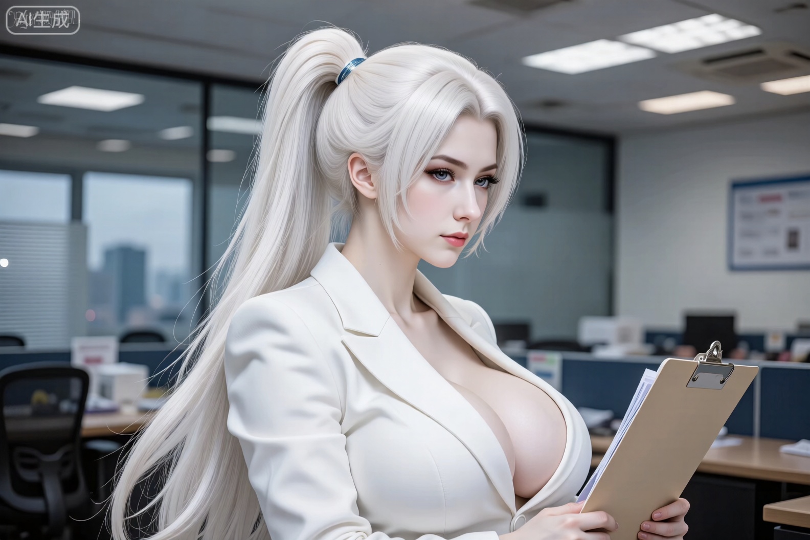 办公室里一名女孩单人侧身看向观众,白发,高马尾,长发公主,外披白色西服,手拿文件夹,肖像,黑眼睛,写实杰作