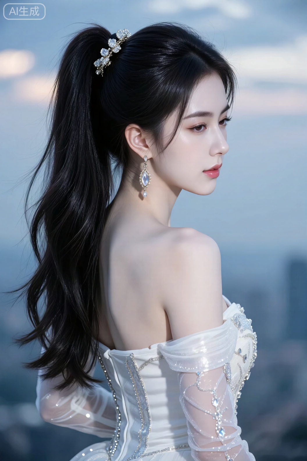 1girl

solo

long hair

black hair

hair ornament

dress

bare shoulders

closed mouth

upper body

ponytail

earrings

sky

shiny

white dress

blurry

blurry background

expressionless

dress

standing

high heels

see-through

