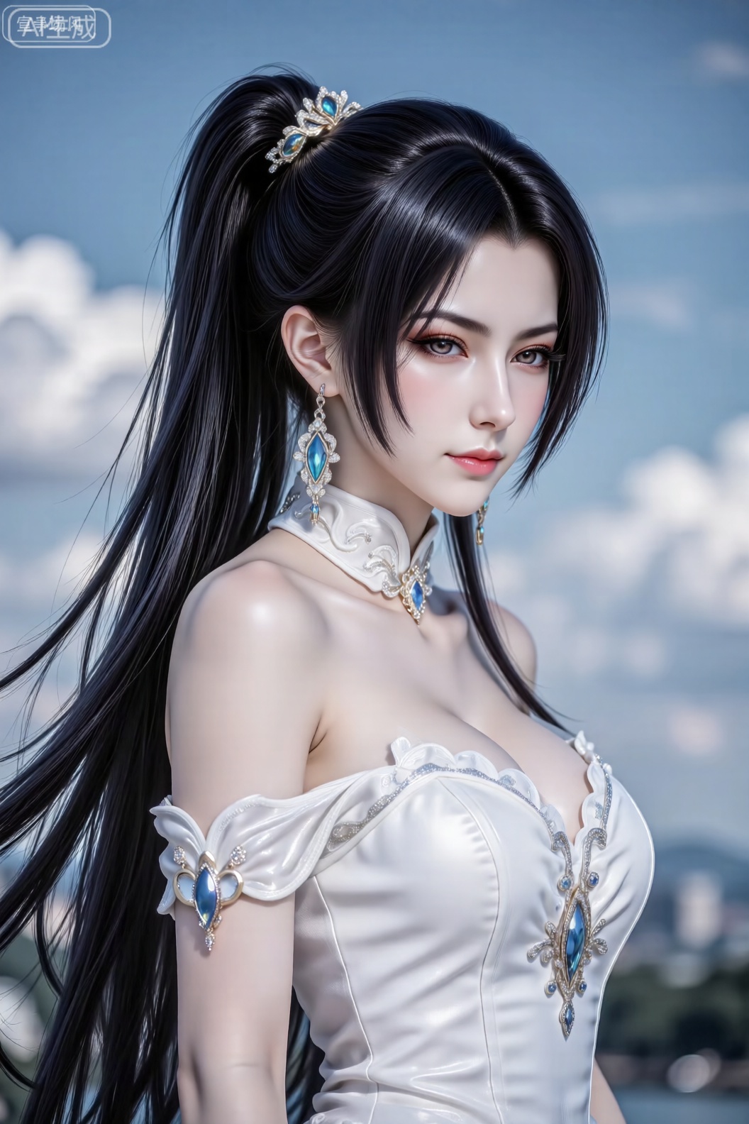 1girl

solo

long hair

black hair

hair ornament

dress

bare shoulders

closed mouth

ponytail

earrings

sky

shiny

white dress

blurry

blurry background

expressionless

dress

standing

high heels

see-through

legs

