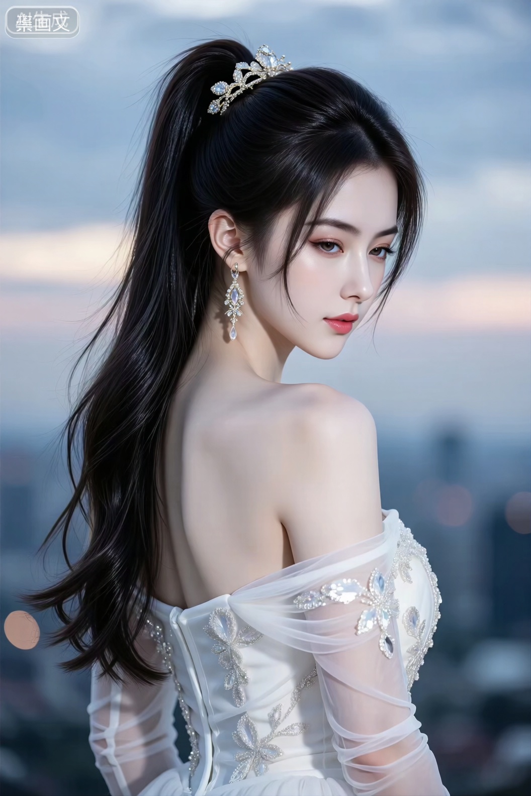 1girl

solo

long hair

black hair

hair ornament

dress

bare shoulders

closed mouth

upper body

ponytail

earrings

sky

white dress

blurry

blurry background

expressionless

dress

standing

high heels

see-through

