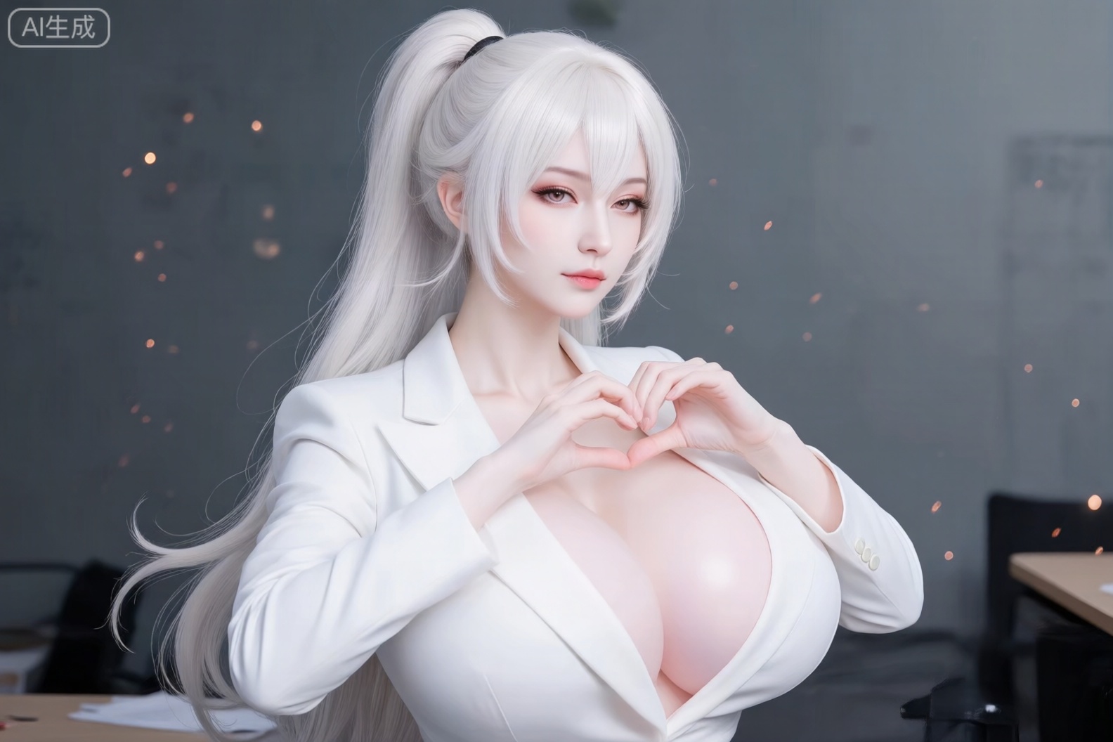 办公室里一名女孩单人侧身看向观众,白发,高马尾,长发公主,外披白色西服,在胸口双手比心,肖像,黑眼睛,写实杰作