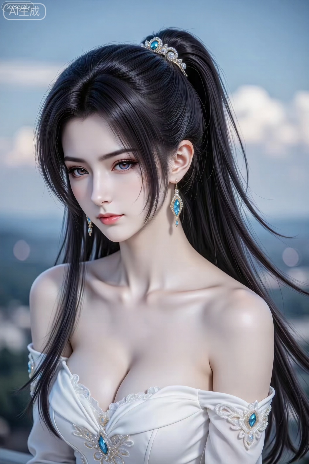 1girl

solo

long hair

black hair

hair ornament

dress

bare shoulders

closed mouth

upper body

ponytail

earrings

sky

white dress

blurry

blurry background

expressionless

dress

standing

high heels

see-through

legs

