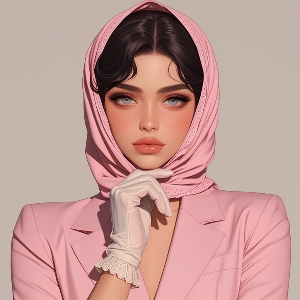 [Realistic illustration of] The image shows a person wearing a light pink suit with short sleeves and a matching jacket. T...