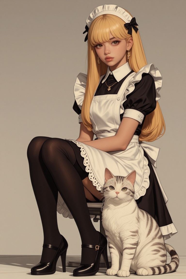 [Realistic illustration of] The image depicts a young woman dressed in a maid outfit,  sitting on a stool. She has long bl...
