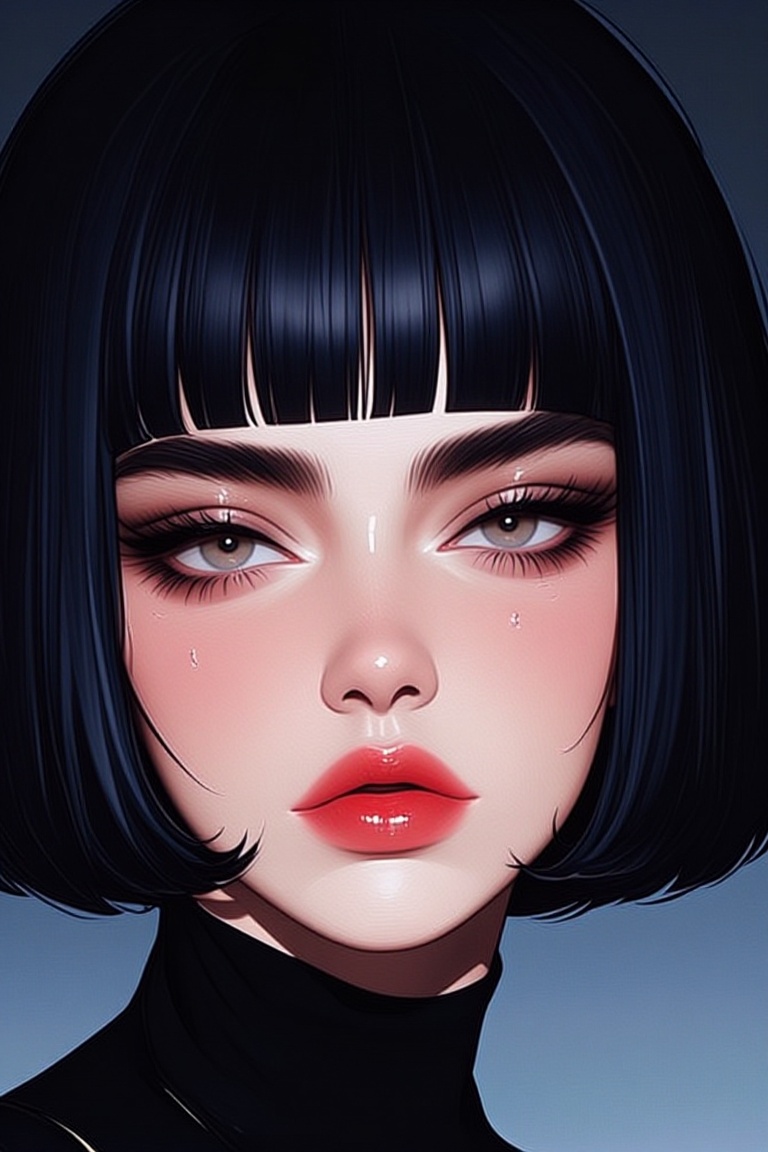 [Realistic illustration of] The image depicts a person with a short,  straight black bob haircut. The individual has a fai...