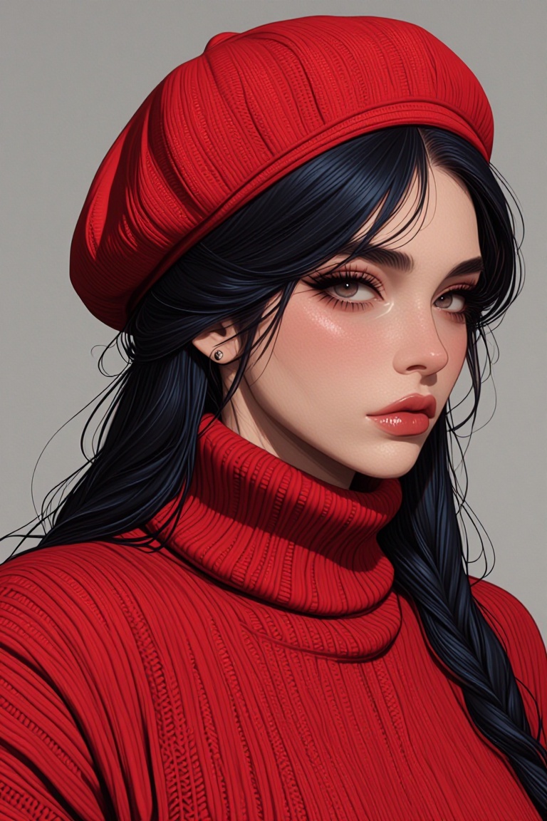 [Realistic illustration of] The image depicts a person wearing a red knitted turtleneck sweater and a matching red beret....