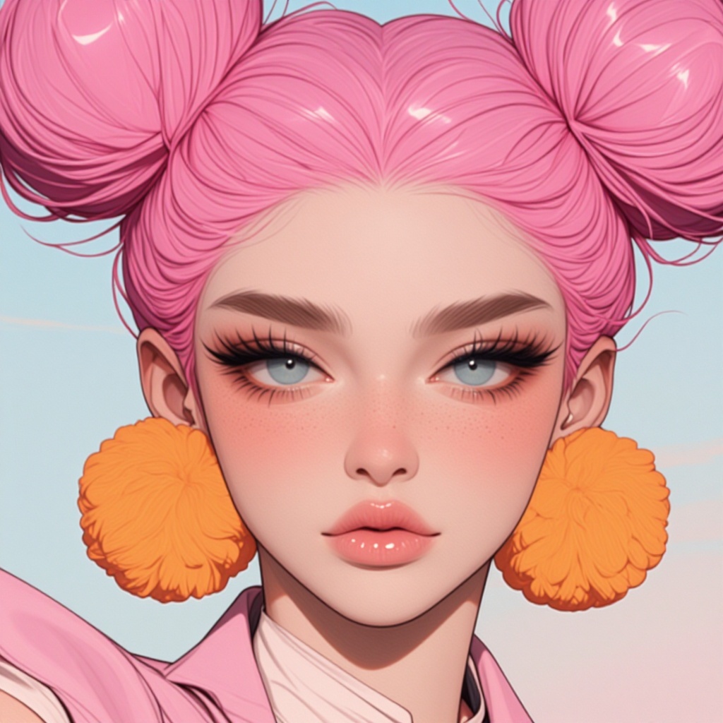 [Realistic illustration of] The image depicts a person with vibrant pink hair styled in two high buns. The individual has...