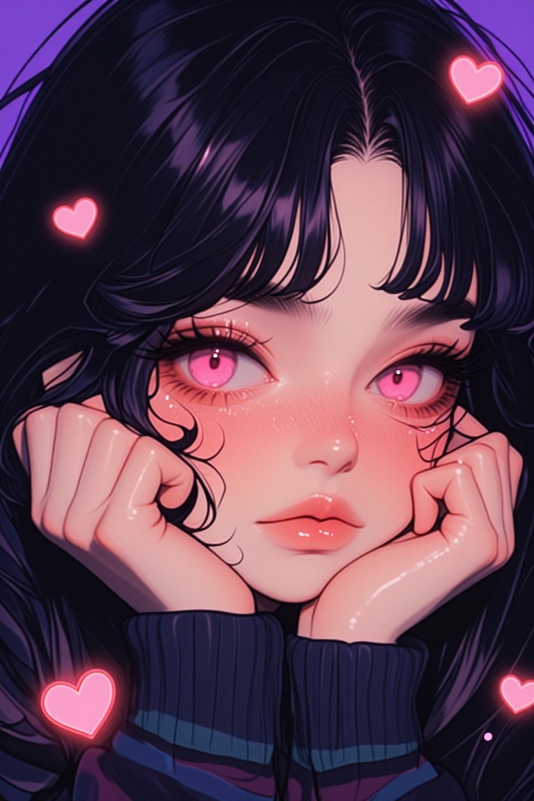 [Realistic illustration of] The image depicts a young girl with long black hair and large,  glowing pink eyes. She is wear...
