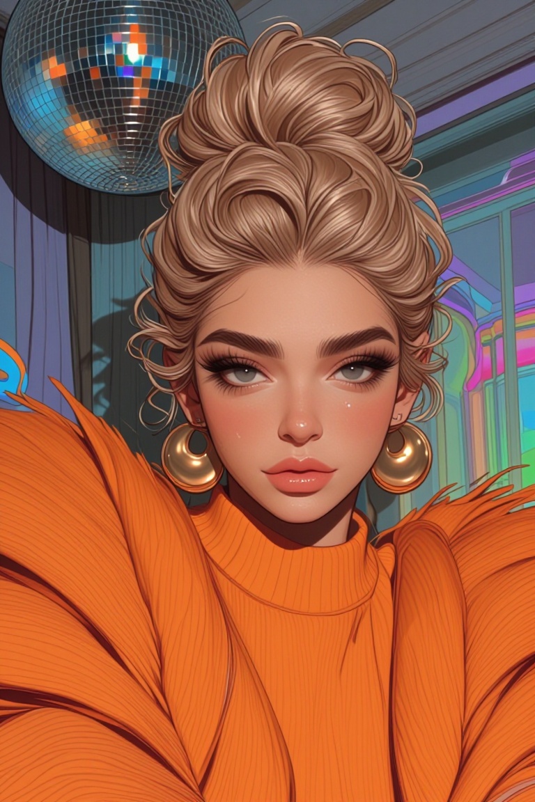 [Realistic illustration of] The image depicts a person with blonde,  curly hair styled in a high bun. They are wearing an...