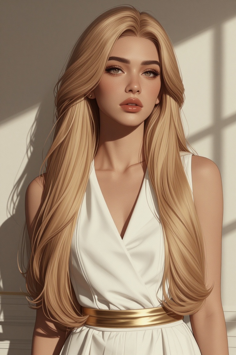 [Realistic illustration of] The image shows a young woman with long,  flowing blonde hair. She is wearing a sleeveless whi...