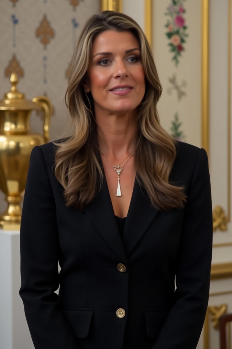Create an image of a woman with long,  light brown hair,  dressed in a sleek black blazer. She wears a necklace with a sma...