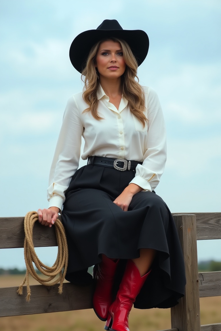 Create an image depicting a woman dressed in a white blouse with a black belt and a black skirt,  sitting on a wooden fenc...