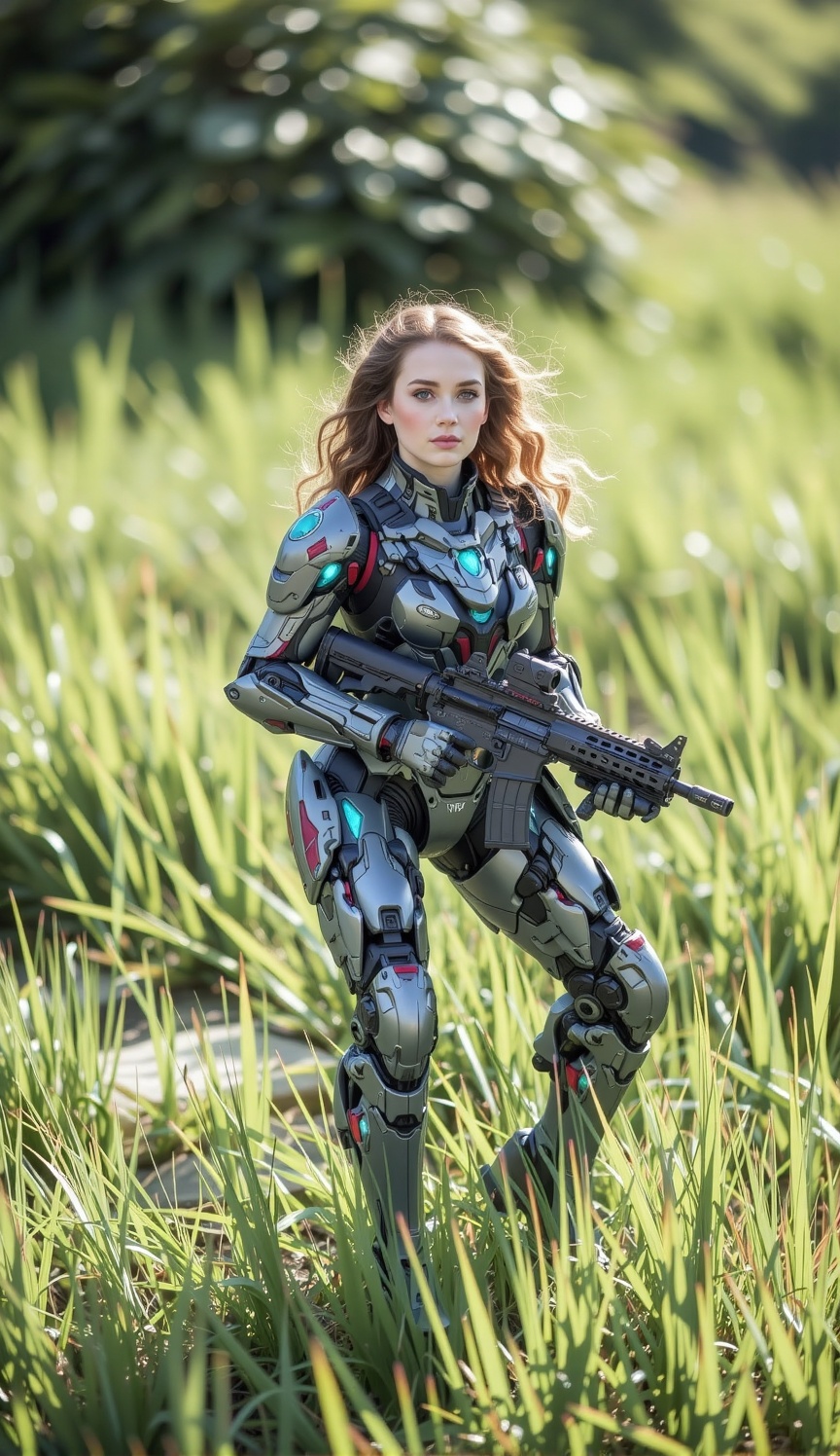 woman wearing mecha suit,  canon,  rifle on Tensor.Art