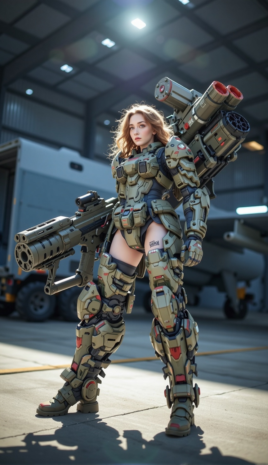 woman wearing mecha suit,  camouflage pattern,  canon on Tensor.Art