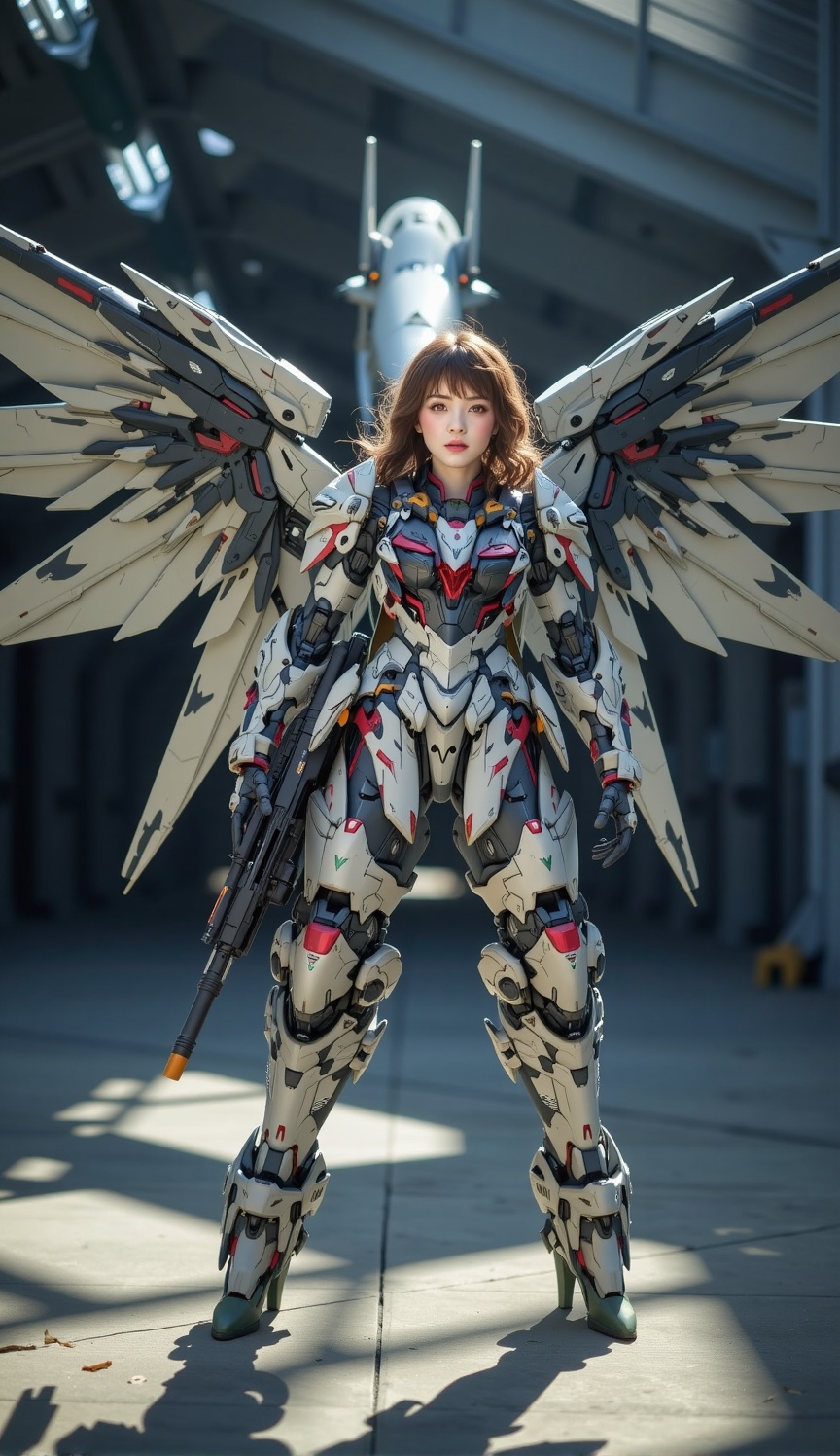 woman wearing mecha suit,  wide wings,  camouflage pattern on Tensor.Art