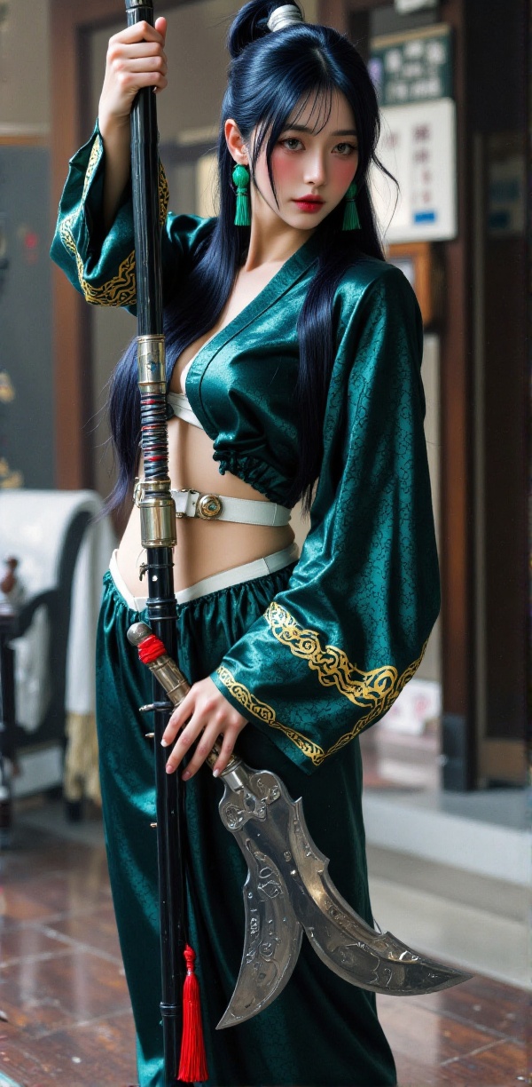 A stunning kanu unchou woman with long dark blue hair and a firm and resolute expression. Tanned skin,  Wearing emerald ta...