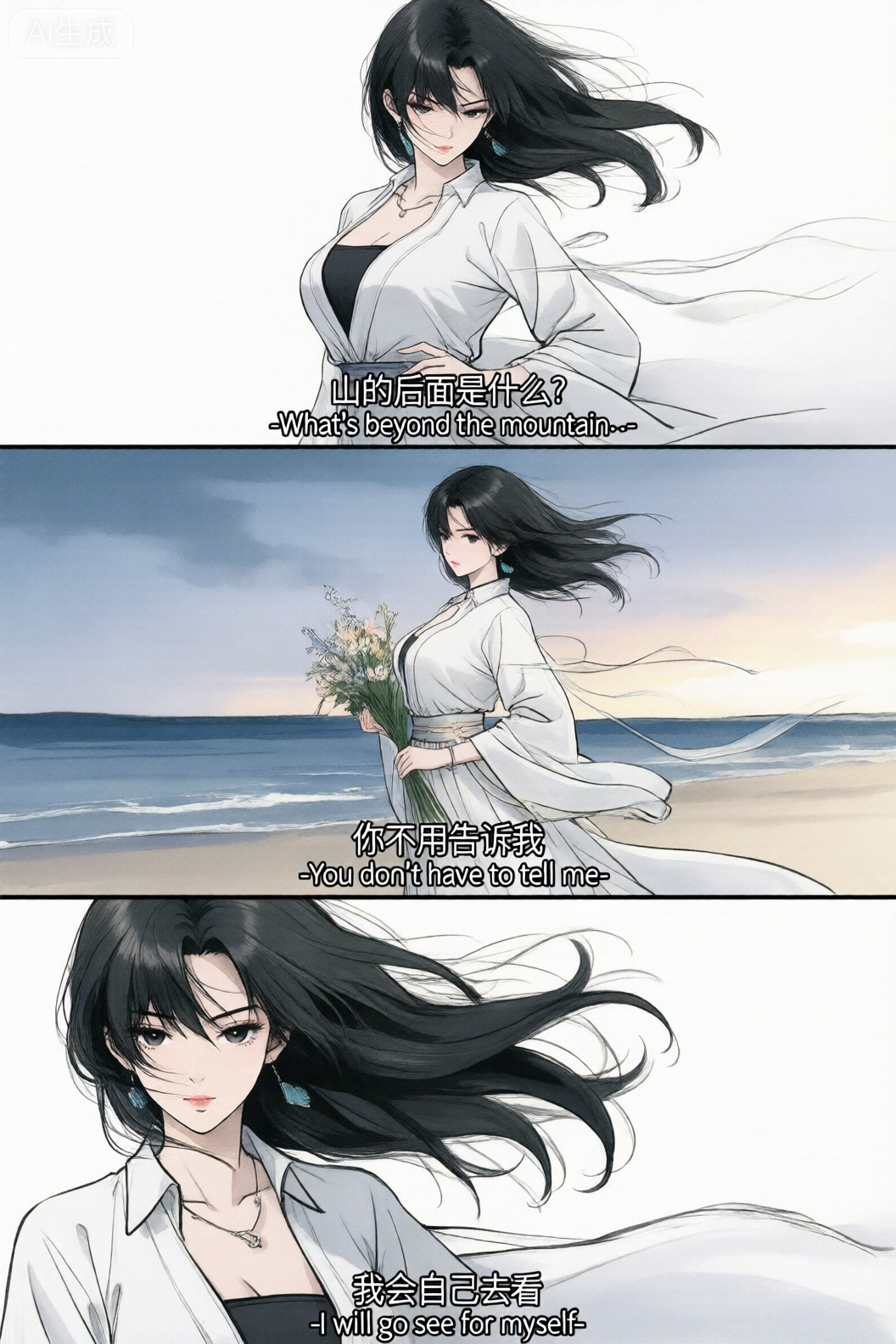 LDS画风, 一位黑发少女, 一位身穿白色古风长袍,长发乌黑。她眼神冷峻,衣领低开,内搭黑色抹胸,腰间系着淡色腰带。颈间佩戴细链项链,耳垂挂着蓝绿色耳坠。右手轻抚腰间。整体线条流畅,衣袂飘逸,展现出一种优雅而冷艳的气质。 sharp_focus,ultra_high_resolution,best_quality,emotional_masterpiece,exquisite_details,with high_end_texture,photography,eye_catching,depth_of_field,absurdres,newest,extreme aesthetic,highres,ray_tracing,ambient_occlusion,hdr,old_camera_quality,faintly_visible_veins_under_skin,film_grain,80s_chinese_style,narrow_waist,hourglass_figure, 一组三宫格胶片质感艺术感写真图,场景为海边沙滩、天空、傍晚。少女和脸不变,衣服为白色衬衣。 第一张为近景,上半身背影,风吹起头发,发丝凌乱,添加中英字幕“山的后面是什么? -What's beyond the mountain?-”第二张为中景,少女手持一束花束,侧身站立于海边,看向手中的花,风吹起头发,发丝凌乱,添加中英字幕“你不用告诉我-Youdon't have to tell me- ” 第三张为大特写,少女脸部位于画面偏左侧,风吹起头发,发丝凌乱,添加中英字幕“我会自己去看-I will go see for myself-”整体色调清冷,带有富士胶片效果,过度曝光,画面粗粝且色调偏冷,暗部细节保留完整,高光区域呈现自然晕化、均采用柔和漫射光,无明显硬边阴影,营造出文艺且充满自我探索情绪的氛围,三张图合成一个三宫格,LDS画风