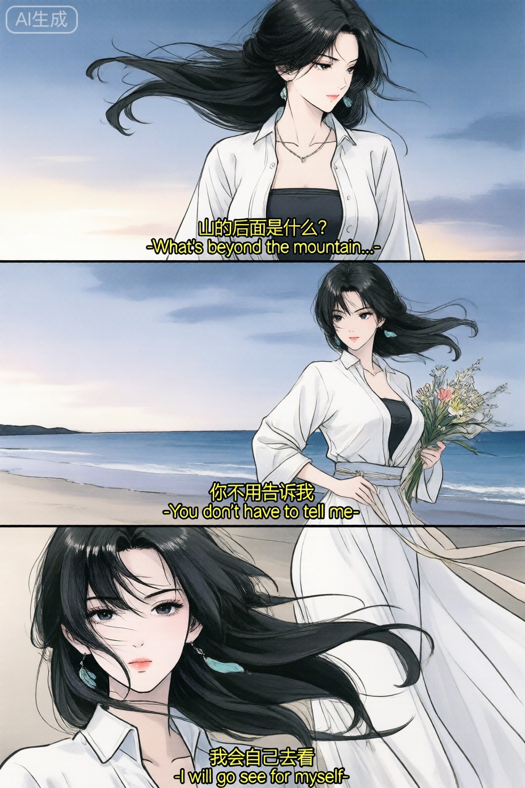 LDS画风, 一位黑发少女, 一位身穿白色古风长袍,长发乌黑。她眼神冷峻,衣领低开,内搭黑色抹胸,腰间系着淡色腰带。颈间佩戴细链项链,耳垂挂着蓝绿色耳坠。右手轻抚腰间。整体线条流畅,衣袂飘逸,展现出一种优雅而冷艳的气质。 sharp_focus,ultra_high_resolution,best_quality,emotional_masterpiece,exquisite_details,with high_end_texture,photography,eye_catching,depth_of_field,absurdres,newest,extreme aesthetic,highres,ray_tracing,ambient_occlusion,hdr,old_camera_quality,faintly_visible_veins_under_skin,film_grain,80s_chinese_style,narrow_waist,hourglass_figure, 一组三宫格胶片质感艺术感写真图,场景为海边沙滩、天空、傍晚。少女和脸不变,衣服为白色衬衣。 第一张为近景,上半身背影,风吹起头发,发丝凌乱,添加中英字幕“山的后面是什么? -What's beyond the mountain?-”第二张为中景,少女手持一束花束,侧身站立于海边,看向手中的花,风吹起头发,发丝凌乱,添加中英字幕“你不用告诉我-Youdon't have to tell me- ” 第三张为大特写,少女脸部位于画面偏左侧,风吹起头发,发丝凌乱,添加中英字幕“我会自己去看-I will go see for myself-”整体色调清冷,带有富士胶片效果,过度曝光,画面粗粝且色调偏冷,暗部细节保留完整,高光区域呈现自然晕化、均采用柔和漫射光,无明显硬边阴影,营造出文艺且充满自我探索情绪的氛围,三张图合成一个三宫格,LDS画风