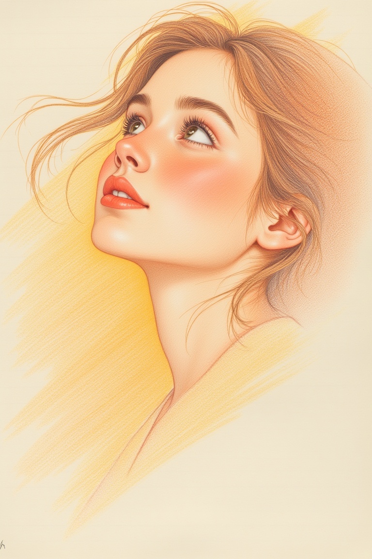 Colored pencil illustration of a girl looking upward,  annrin_coloredpencil_style,  gentle expression with softly shaded c...