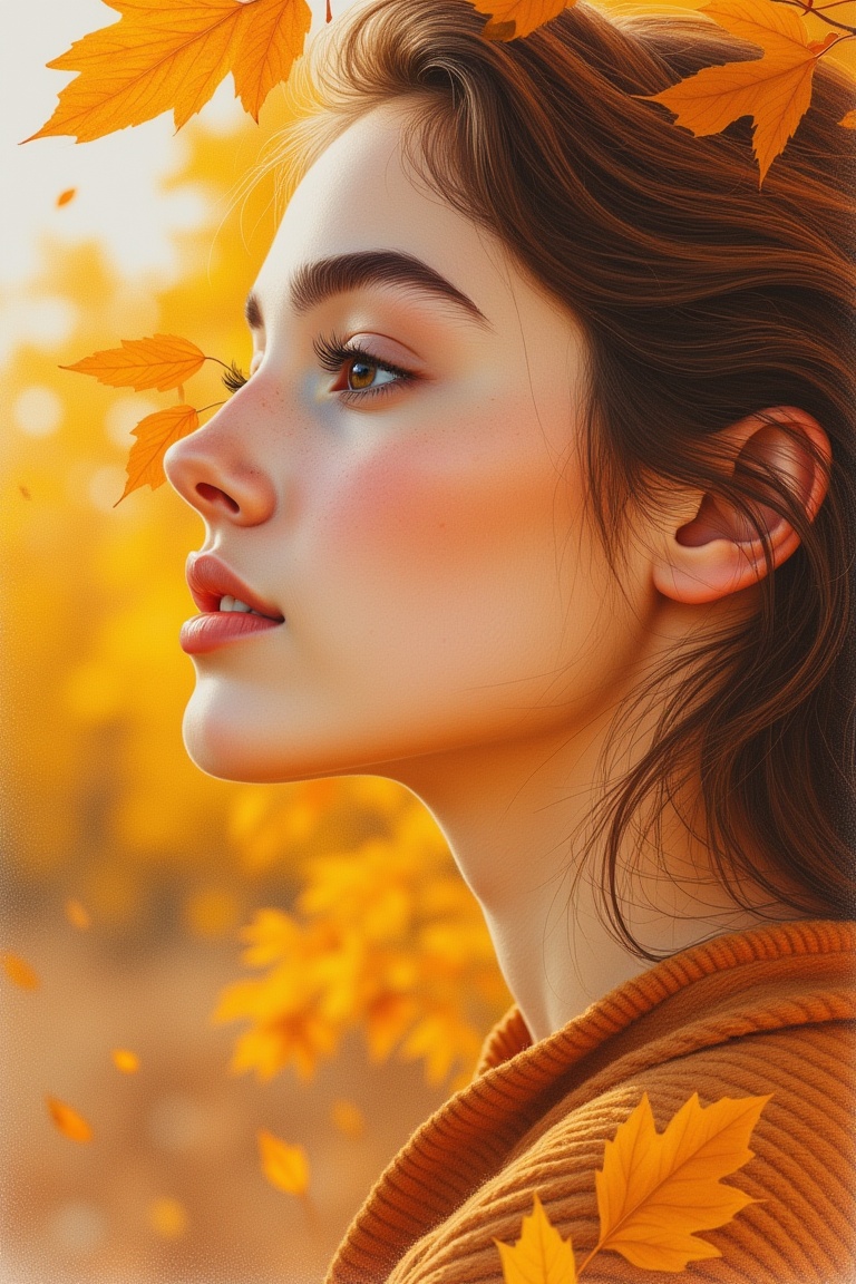 Soft colored pencil portrait of a young woman in side profile,  annrin_coloredpencil_style,  warm autumn tones of amber on...