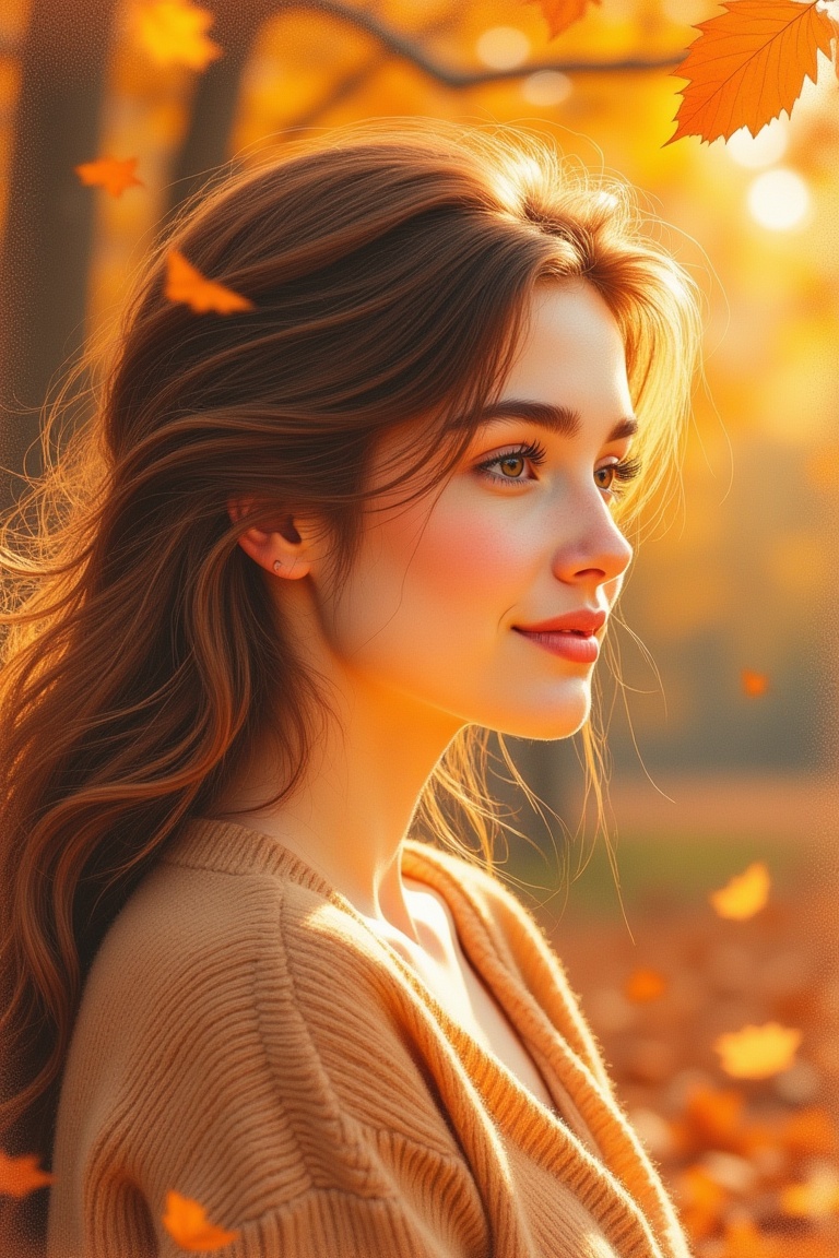 Soft colored pencil portrait of a young woman in autumn,  annrin_coloredpencil_style,  captured in close-up profile view o...